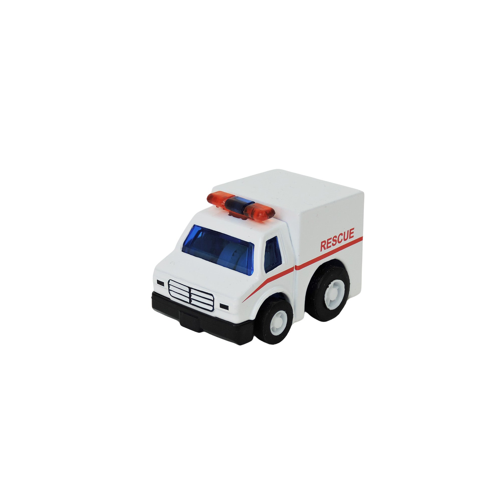 The Alloy Alley Medium Die Cast P/B Rescue Vehicle features a white body, blue windows, orange emergency lights, and "RESCUE" in red—an ideal addition to any emergency response toy collection.