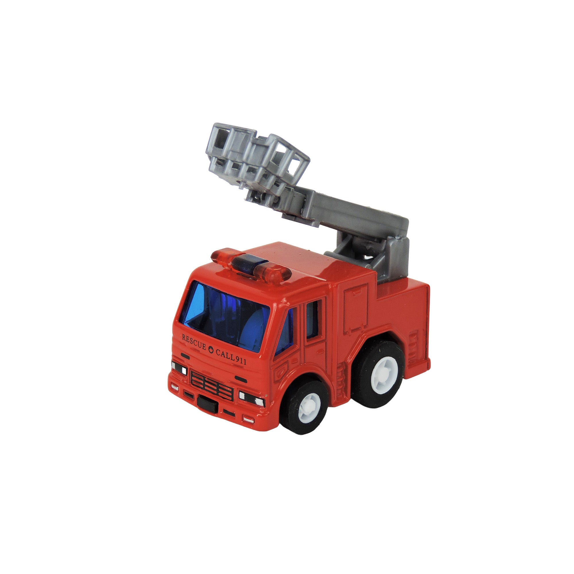The Alloy Alley Medium Die Cast P/B Rescue Vehicle features a red body, pull-back motor, grey extendable ladder, blue-tinted windows, white wheels, and "RESCUE CALL 911" on the front—perfect for any emergency toy collection.
