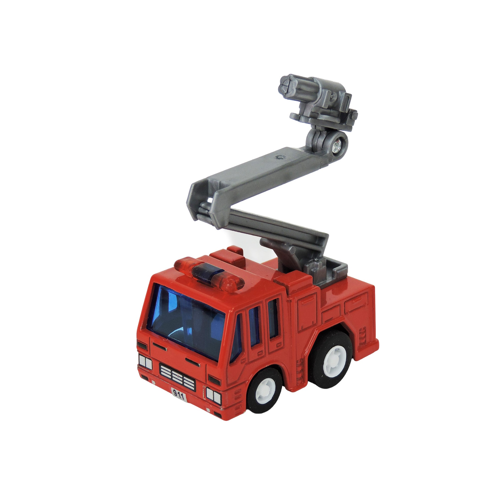 The Alloy Alley Medium Die Cast P/B Rescue Vehicle by Alloy Alley is a red toy fire truck with a gray extendable ladder, white wheels, and pull-back motor, perfect for emergency vehicle fans.