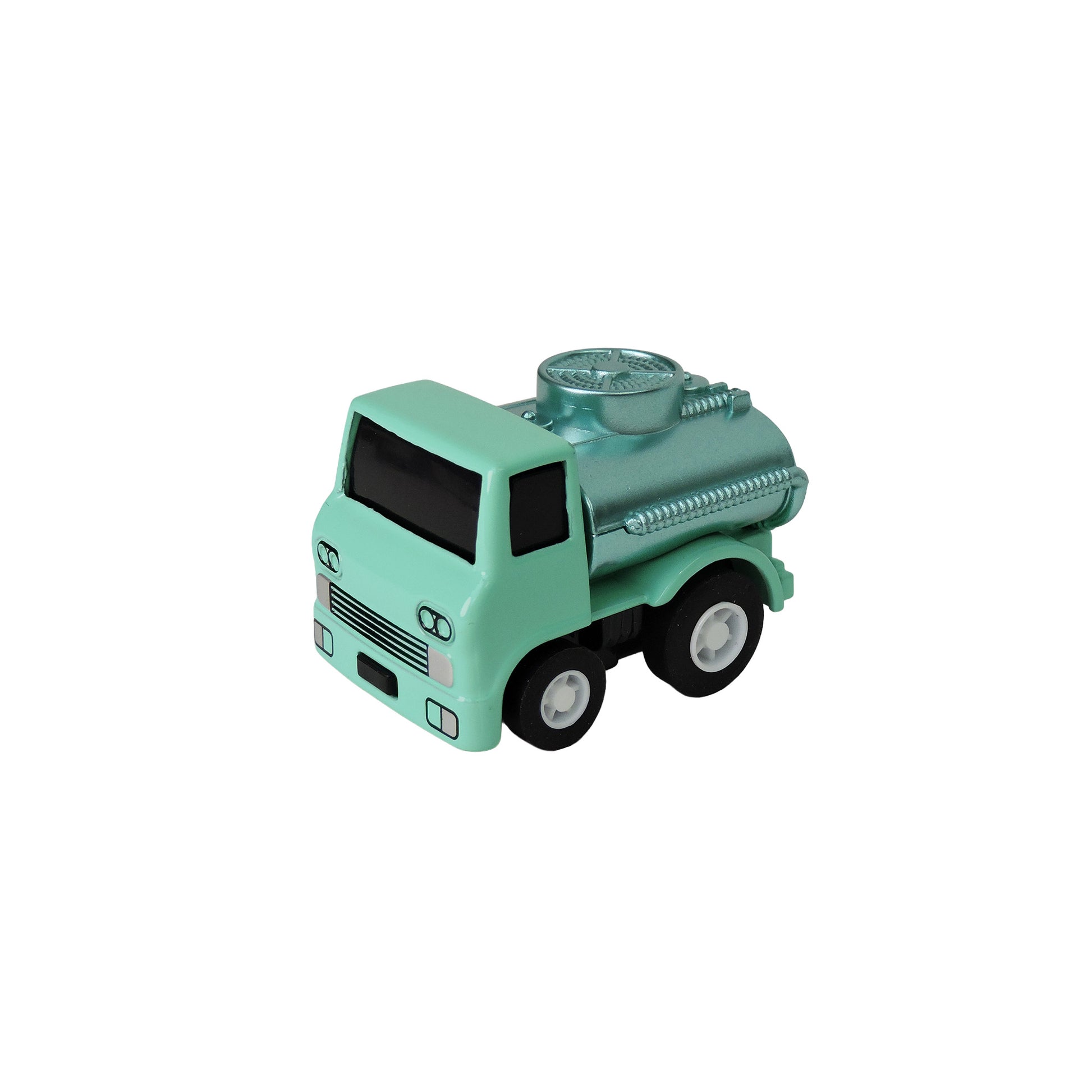 The Alloy Alley Rollin' Medium Die Cast P/B Metallic Truck features a mint green body, black wheels, and a silver tank, shown isolated on a white background.