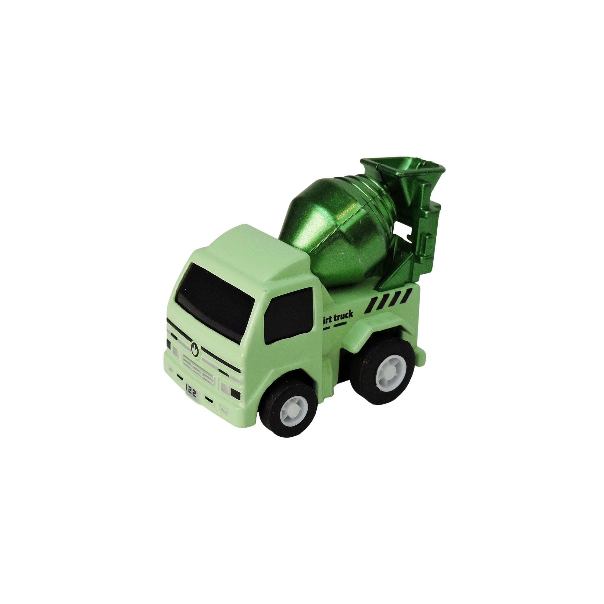 The Alloy Alley Rollin' Medium Die Cast P/B Metallic Truck is a small green toy cement mixer with black wheels and a shiny metallic mixing drum, pictured on a white background—perfect for die cast truck enthusiasts.