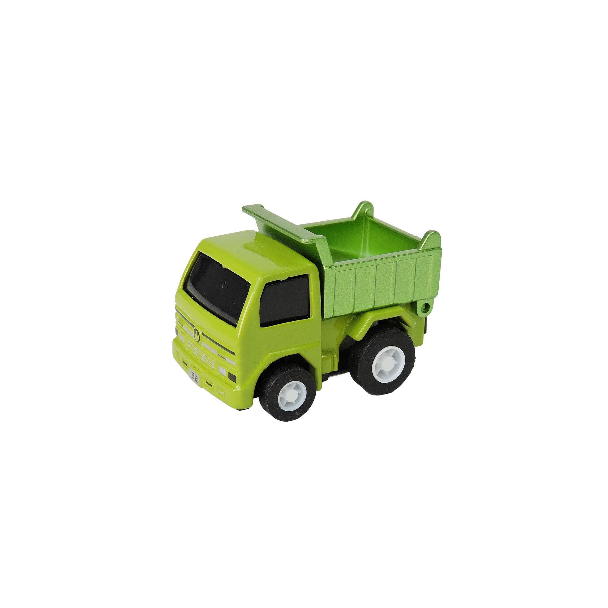 The Alloy Alley Rollin' Medium Die Cast P/B Metallic Truck features a green finish, black wheels, and a raised dump bed, displayed against a plain white background.