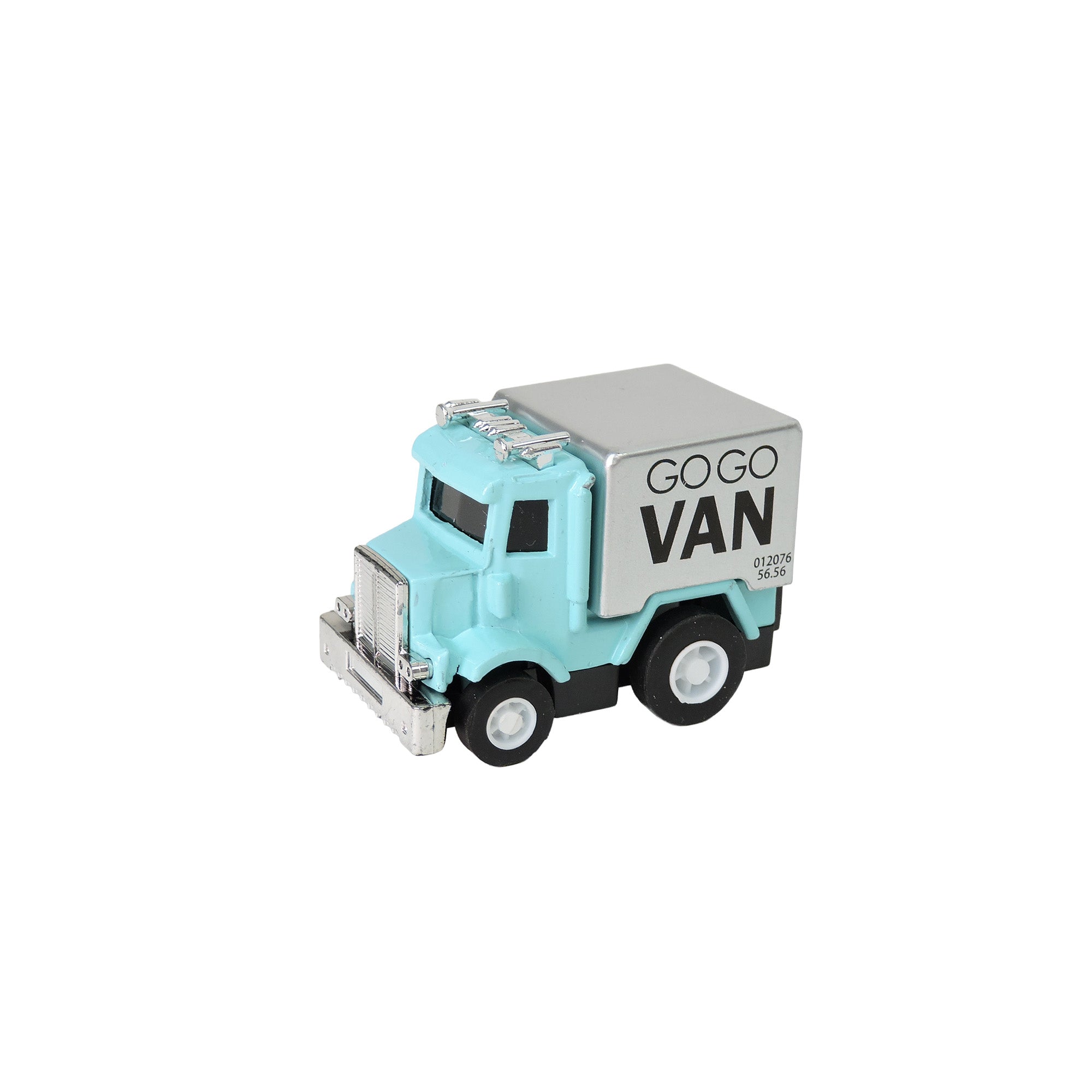 The Alloy Alley Rollin' Medium Die Cast P/B Metallic Truck features a light blue cab, silver cargo area with "GO GO VAN" on the side, and is displayed on a white background.
