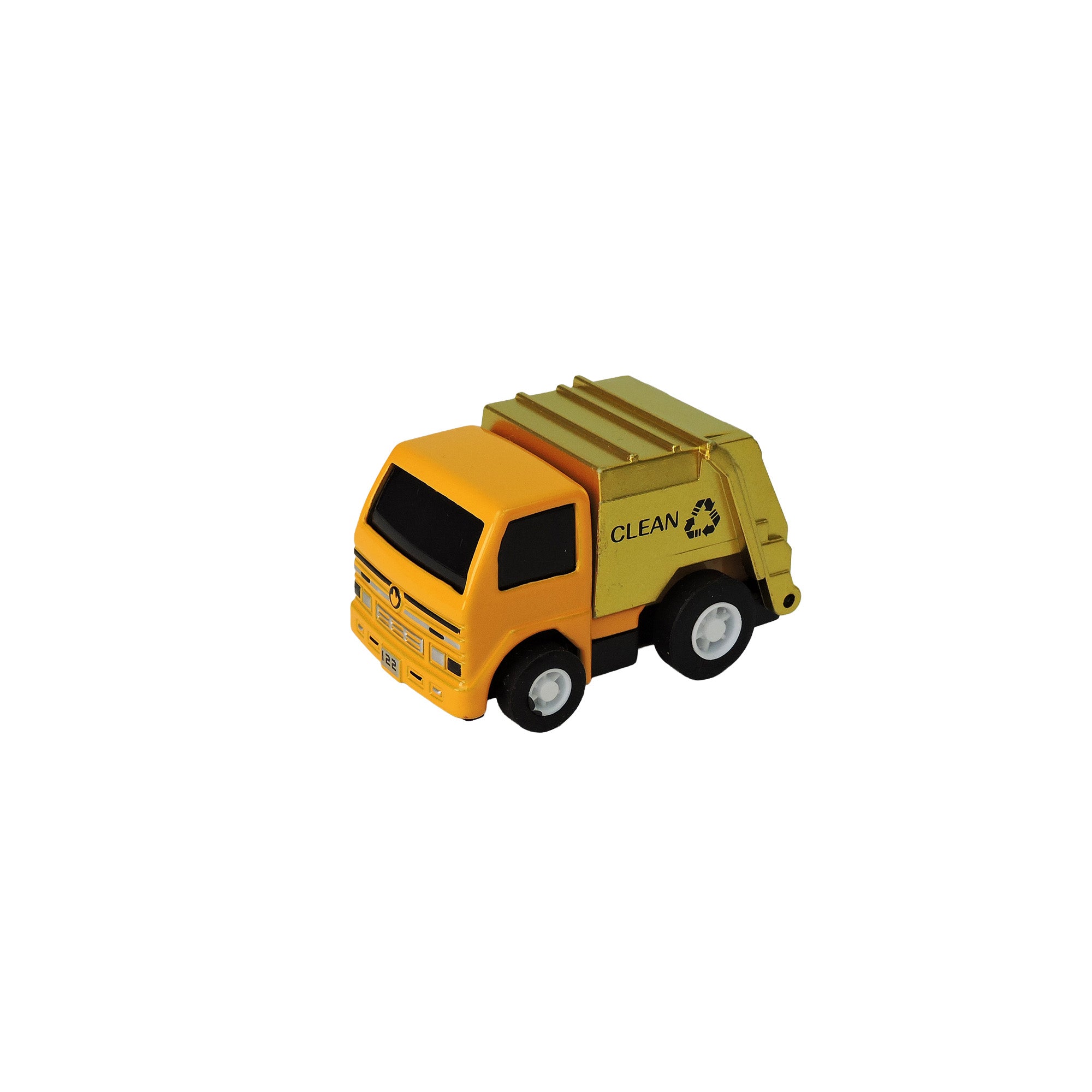 The Alloy Alley Rollin' Medium Die Cast P/B Metallic Truck, featuring a yellow cab, green rear, "CLEAN" text, and a recycling symbol on its side, is displayed against a plain white background.