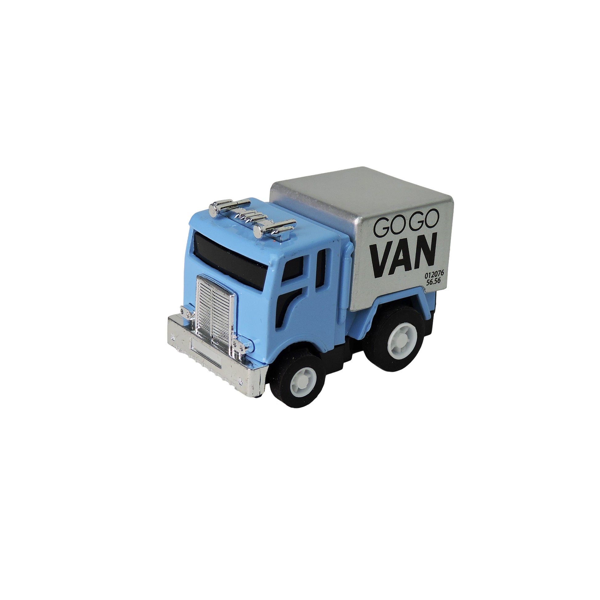The Alloy Alley Rollin' Medium Die Cast P/B Metallic Truck features a light blue cab, silver grill, and cargo area labeled "GO GO VAN." Shown on white, it’s a great addition for die cast truck collectors.
