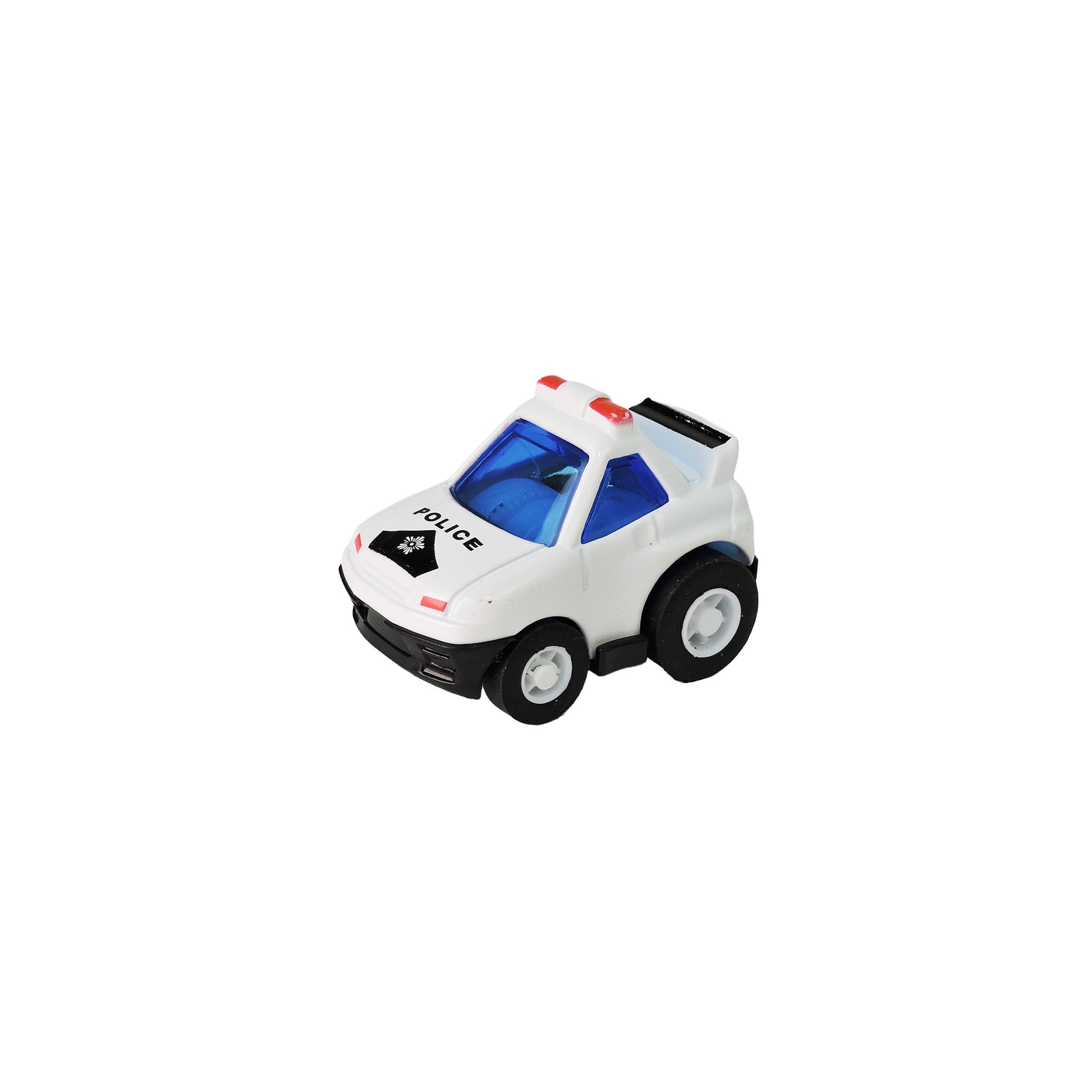 The Alloy Alley Mini Die Cast P/B Car by Alloy Alley is a small white toy police car featuring black wheels, blue windows, and red siren lights on the roof, pictured on a white background.