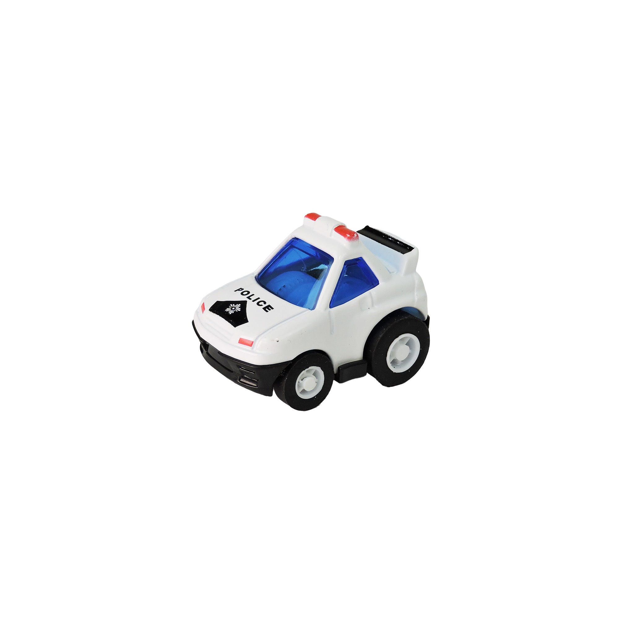 The Alloy Alley Mini Die Cast P/B Car by Alloy Alley is a small white toy police car featuring black wheels, blue windows, and red siren lights on the roof, pictured on a white background.