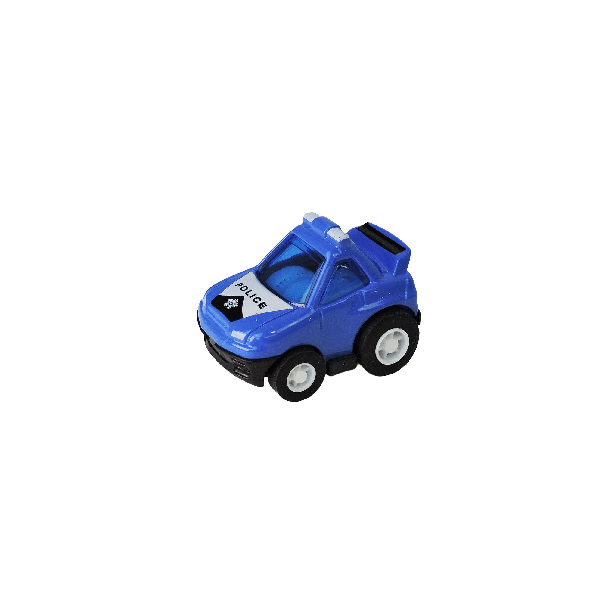 The Alloy Alley Mini Die Cast P/B Car by Alloy Alley is a small blue police toy car with black and white wheels, a light bar on the roof, and "POLICE" on the hood, shown isolated on a white background.