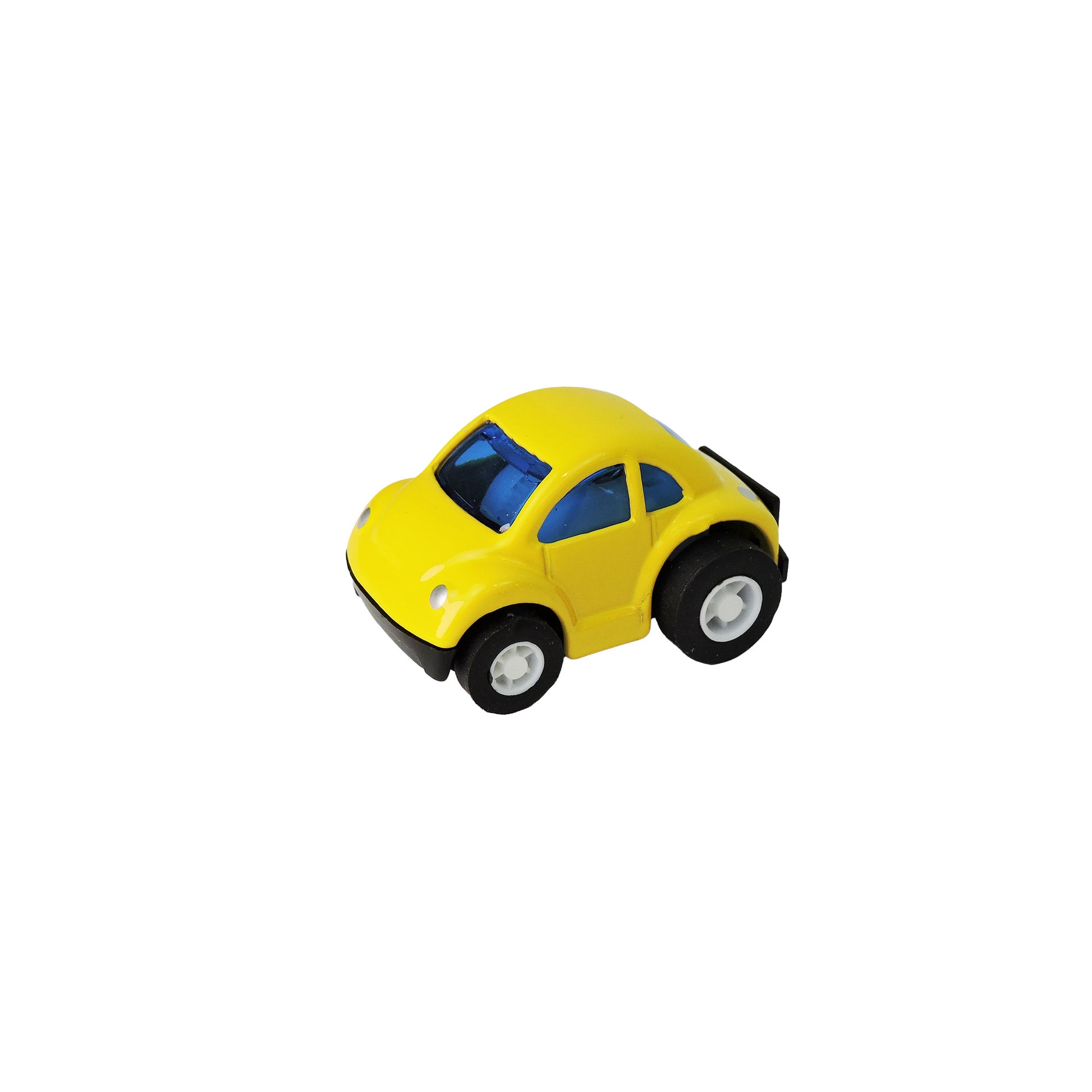 The Alloy Alley Mini Die Cast P/B Car by Alloy Alley is a small yellow pull-back car with black wheels and blue windows, shown isolated on a white background.