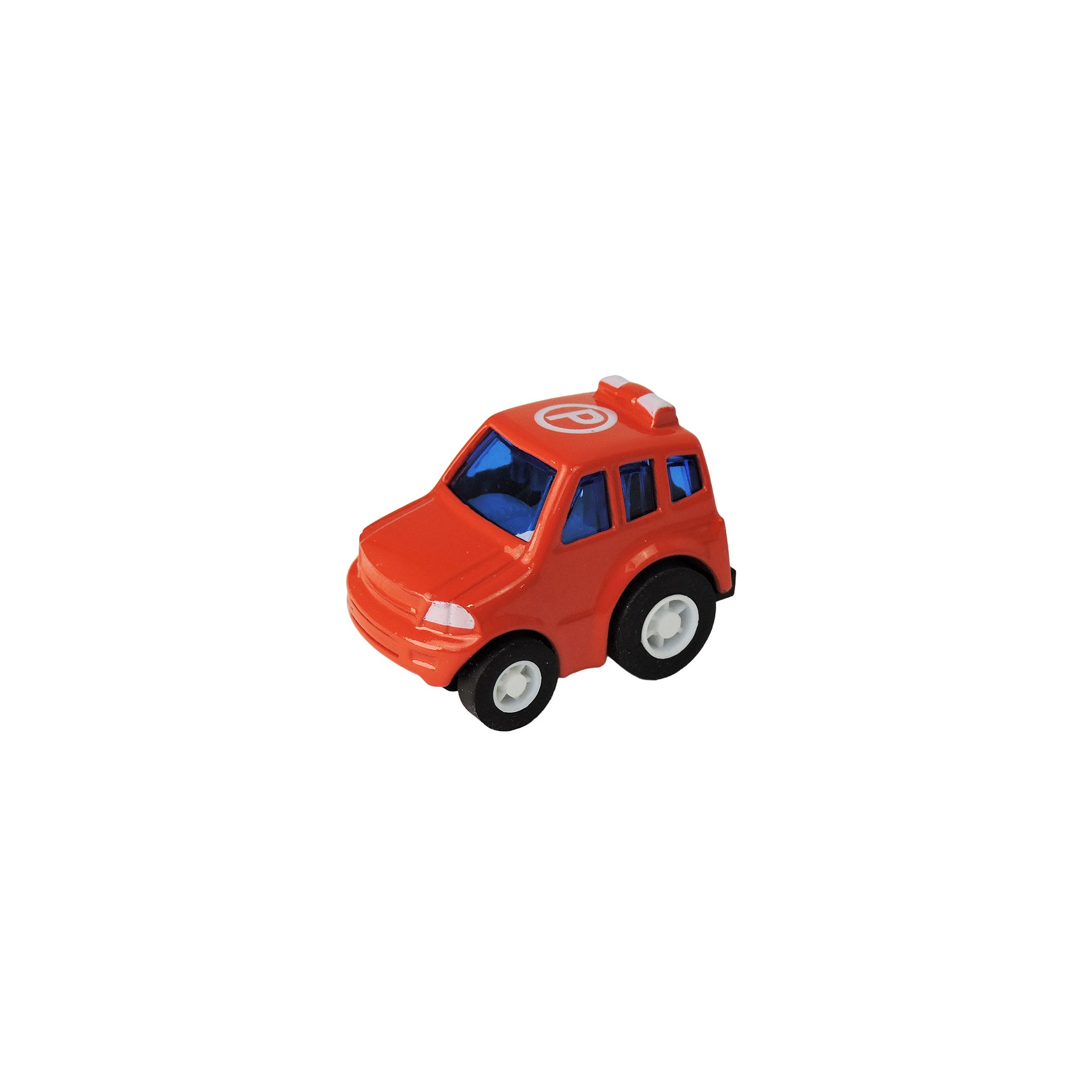 An Alloy Alley Mini Die Cast P/B Car by Alloy Alley, featuring a red body, blue windows, and black wheels, is centered on a white background.