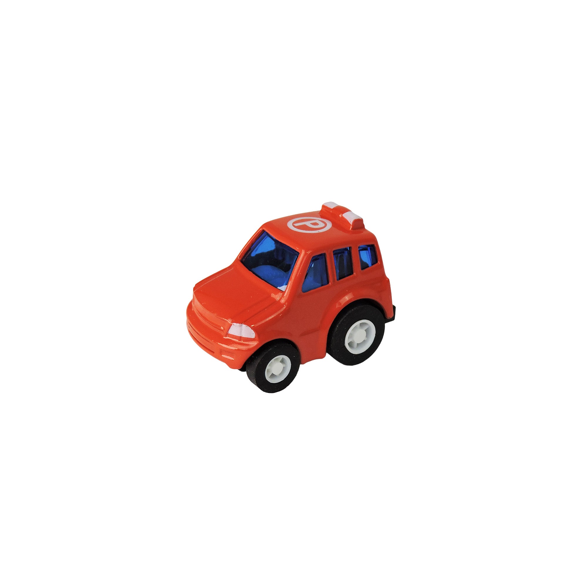 An Alloy Alley Mini Die Cast P/B Car by Alloy Alley, featuring a red body, blue windows, and black wheels, is centered on a white background.