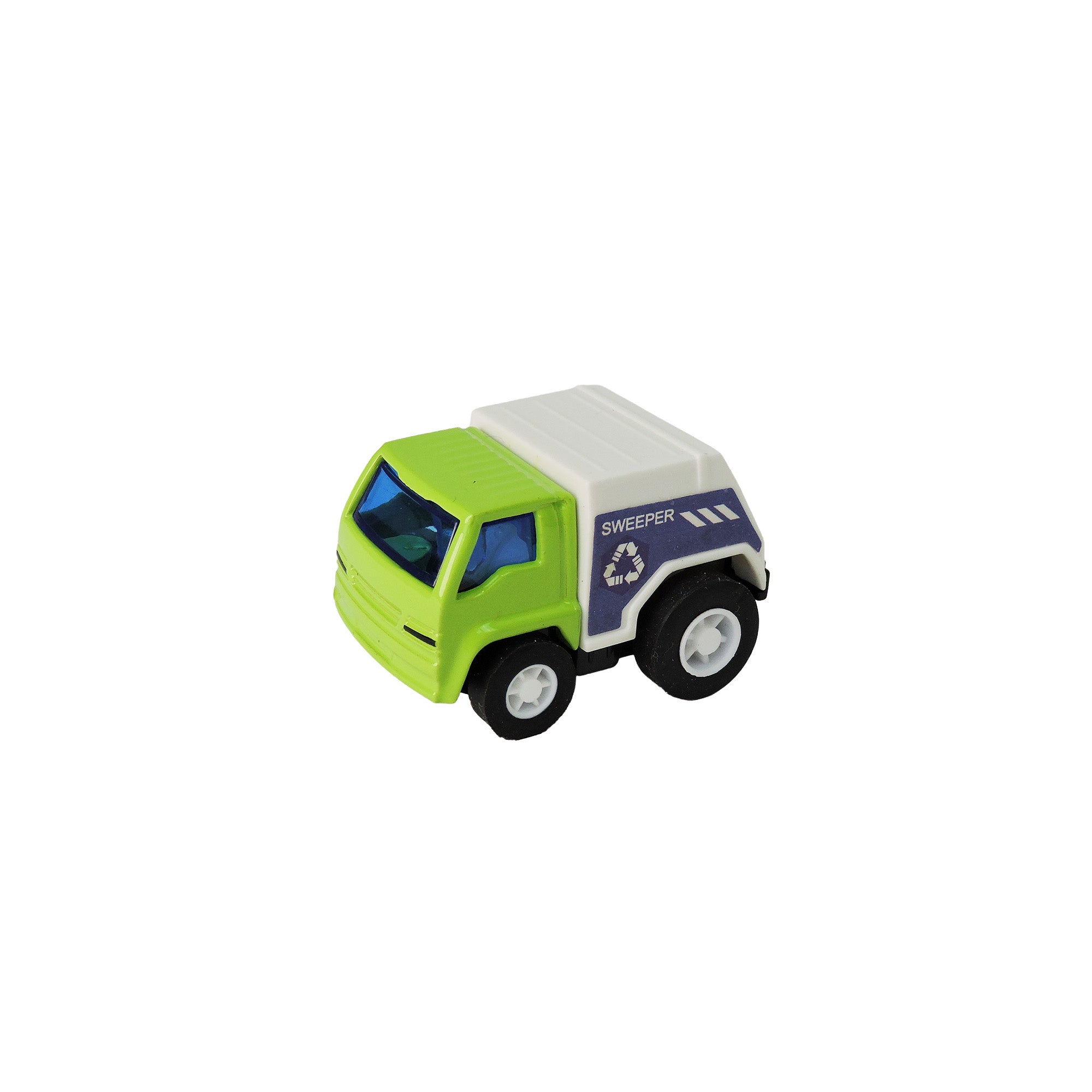 The Alloy Alley Mini Die Cast P/B Car features a green front, blue-tinted windows, white top, black wheels, and "SWEEPER" with a recycling symbol on the side—ideal for mini car and pull-back car collectors.
