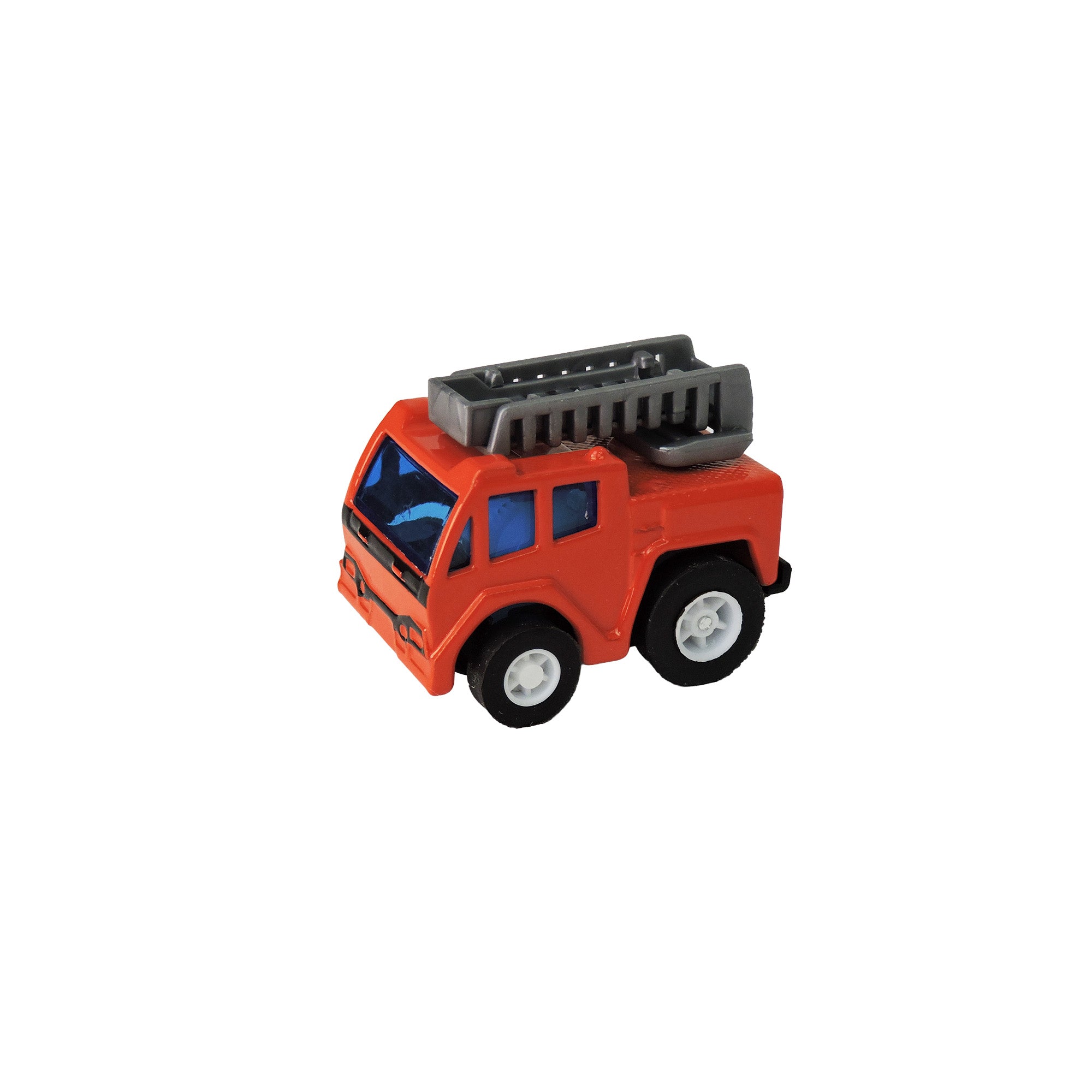 The Alloy Alley Mini Die Cast P/B Car is a small red fire truck with black wheels, blue windows, and a gray ladder on top. Shown on a white background, it’s the perfect addition to any Alloy Alley mini cars collection.