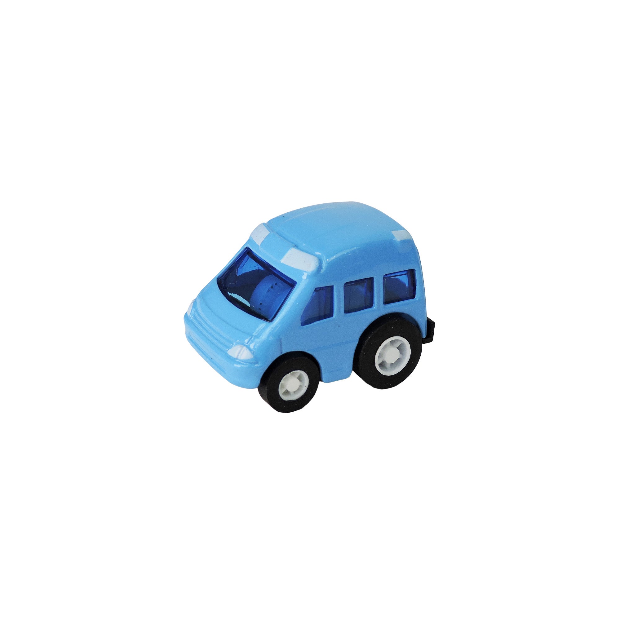 The Alloy Alley Mini Die Cast P/B Car by Alloy Alley is a small blue pull-back car with black wheels and tinted blue windows, shown on a white background.
