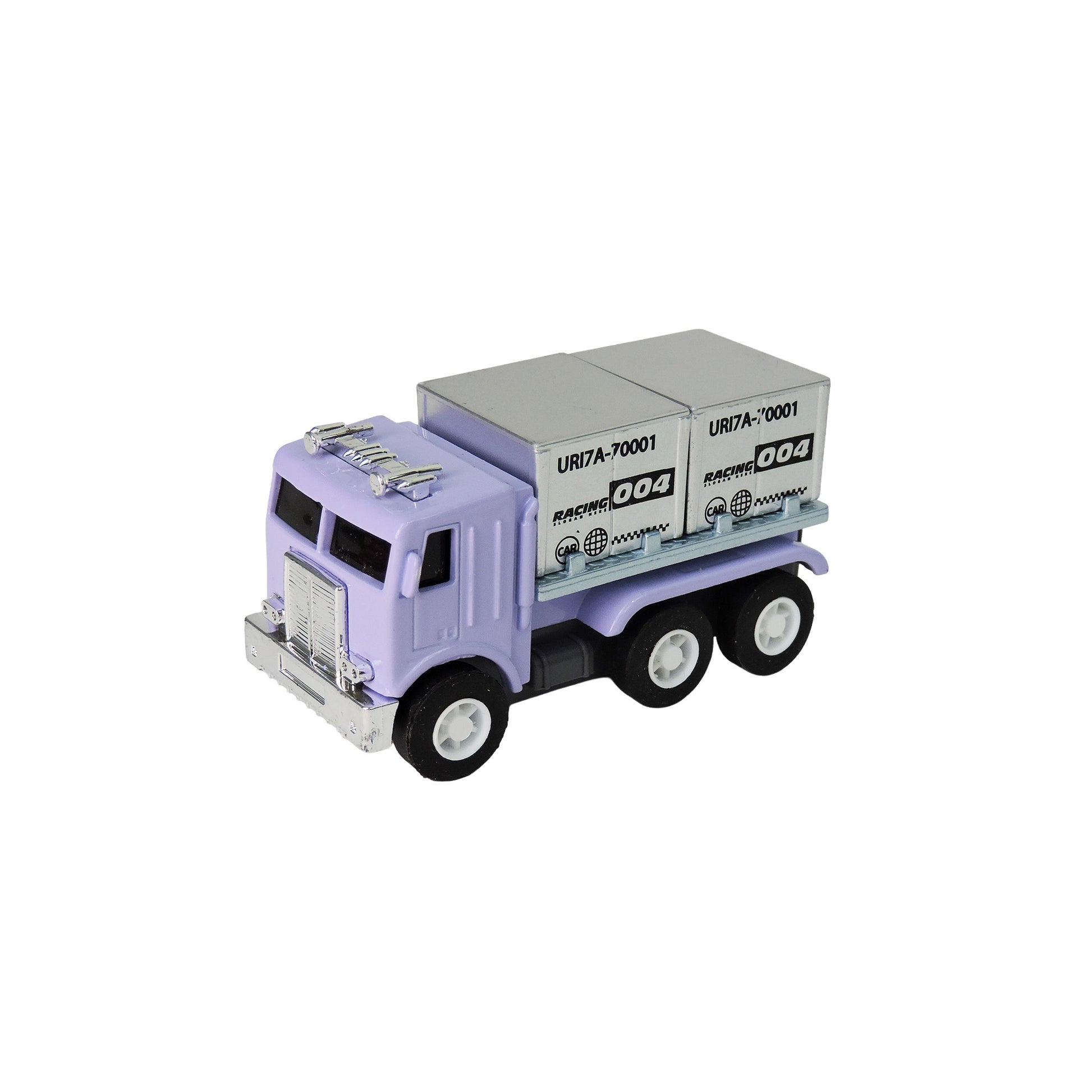 The Alloy Alley Large Die Cast P/B Metallic Truck collectible features a purple cab and two silver cargo containers labeled UR/7A-70001 and REGENT 004, displayed on a white background.