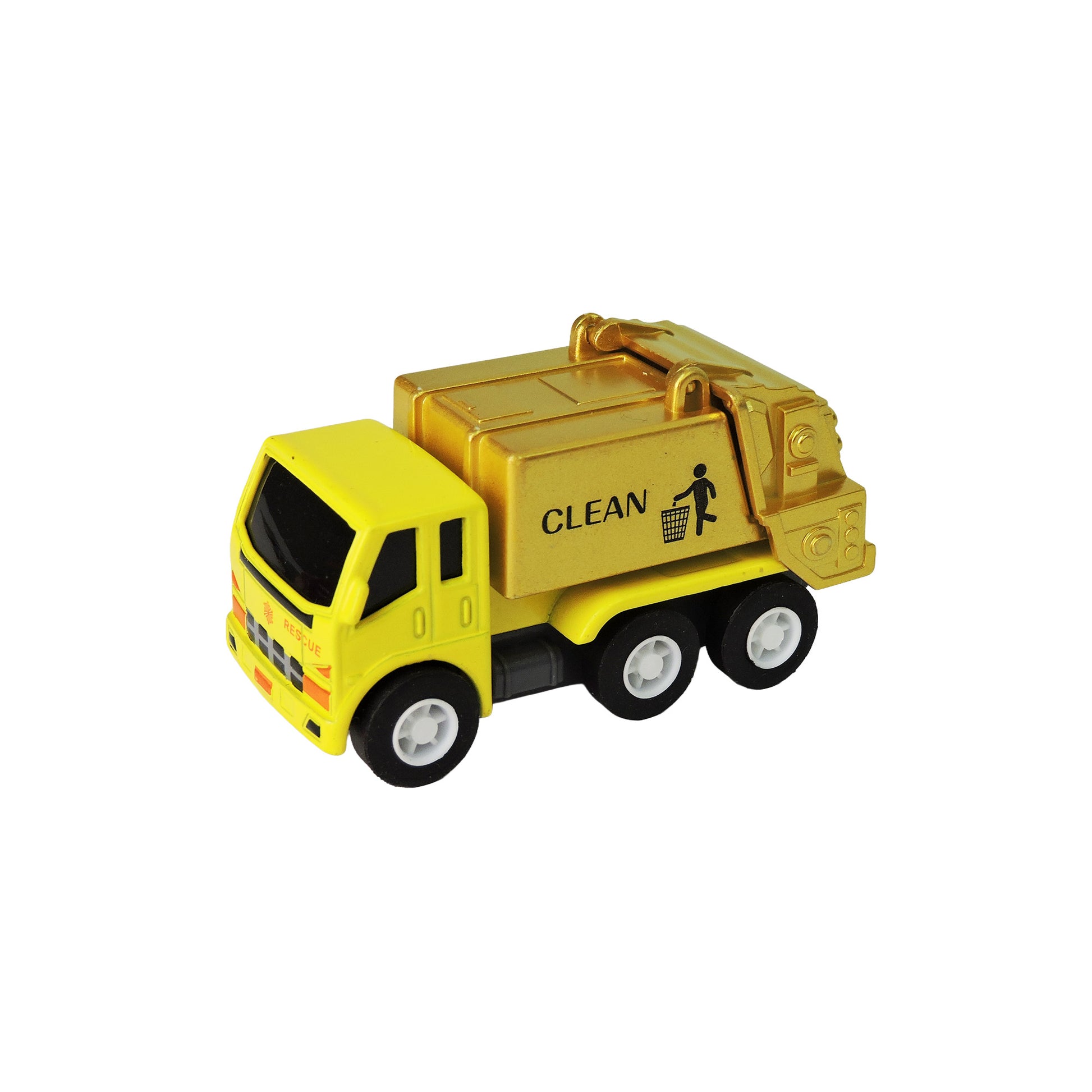 The Alloy Alley Large Die Cast P/B Metallic Truck is a yellow collectible toy garbage truck with black wheels and "CLEAN" plus a stick figure holding a trash bin on its side, shown isolated on a white background.