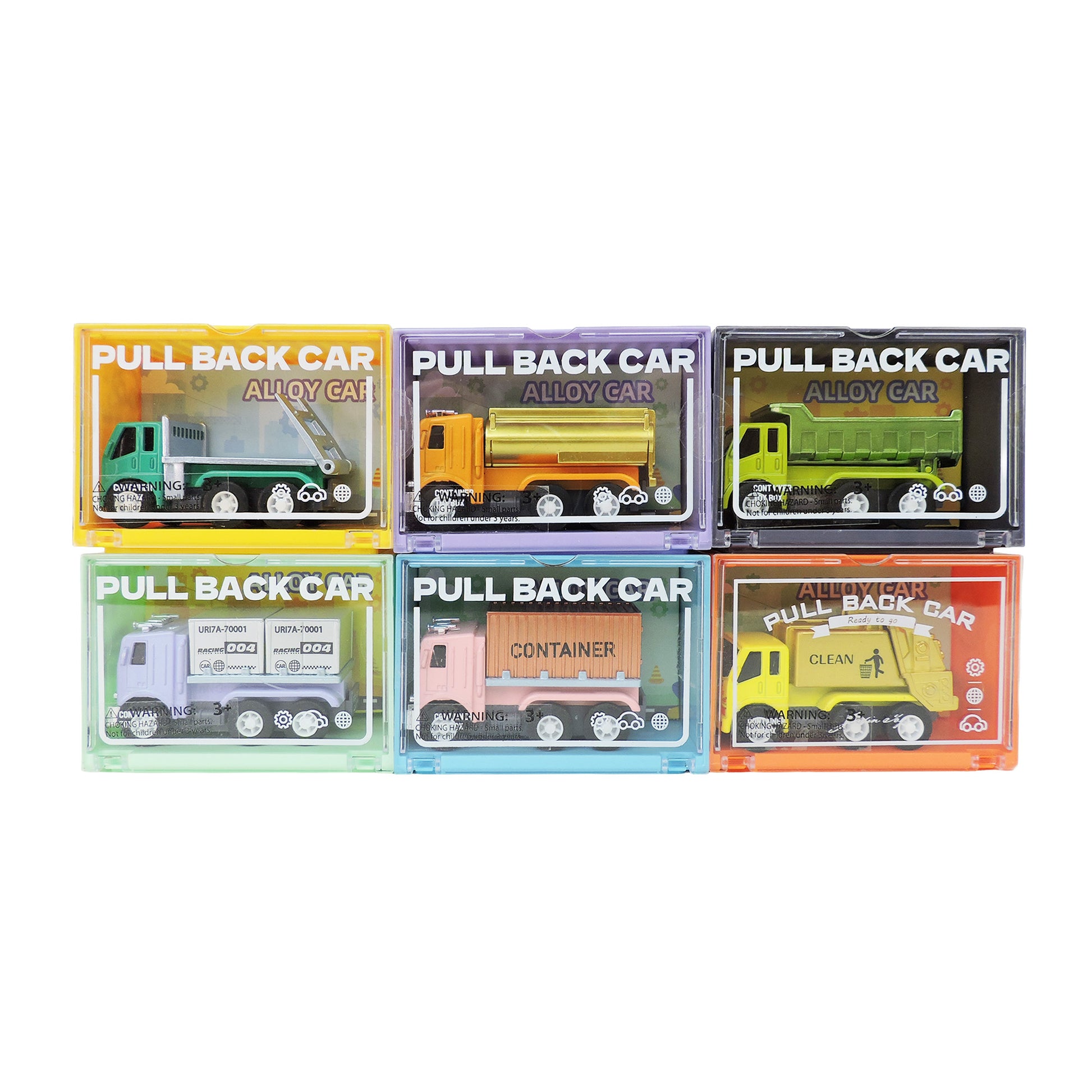 The Alloy Alley Large Die Cast P/B Metallic Truck set includes six colorful trucks—crane, dump truck, cement mixer, delivery, container, and cleaning—each in a clear box labeled “PULL BACK CAR” from the Alloy Alley brand.