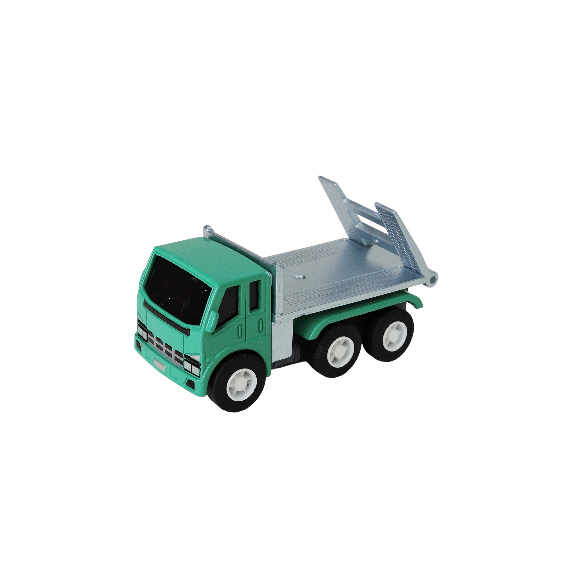 The Alloy Alley Large Die Cast P/B Metallic Truck by Alloy Alley features a green and silver finish, six black wheels, and an elevated open bed, displayed against a white background.
