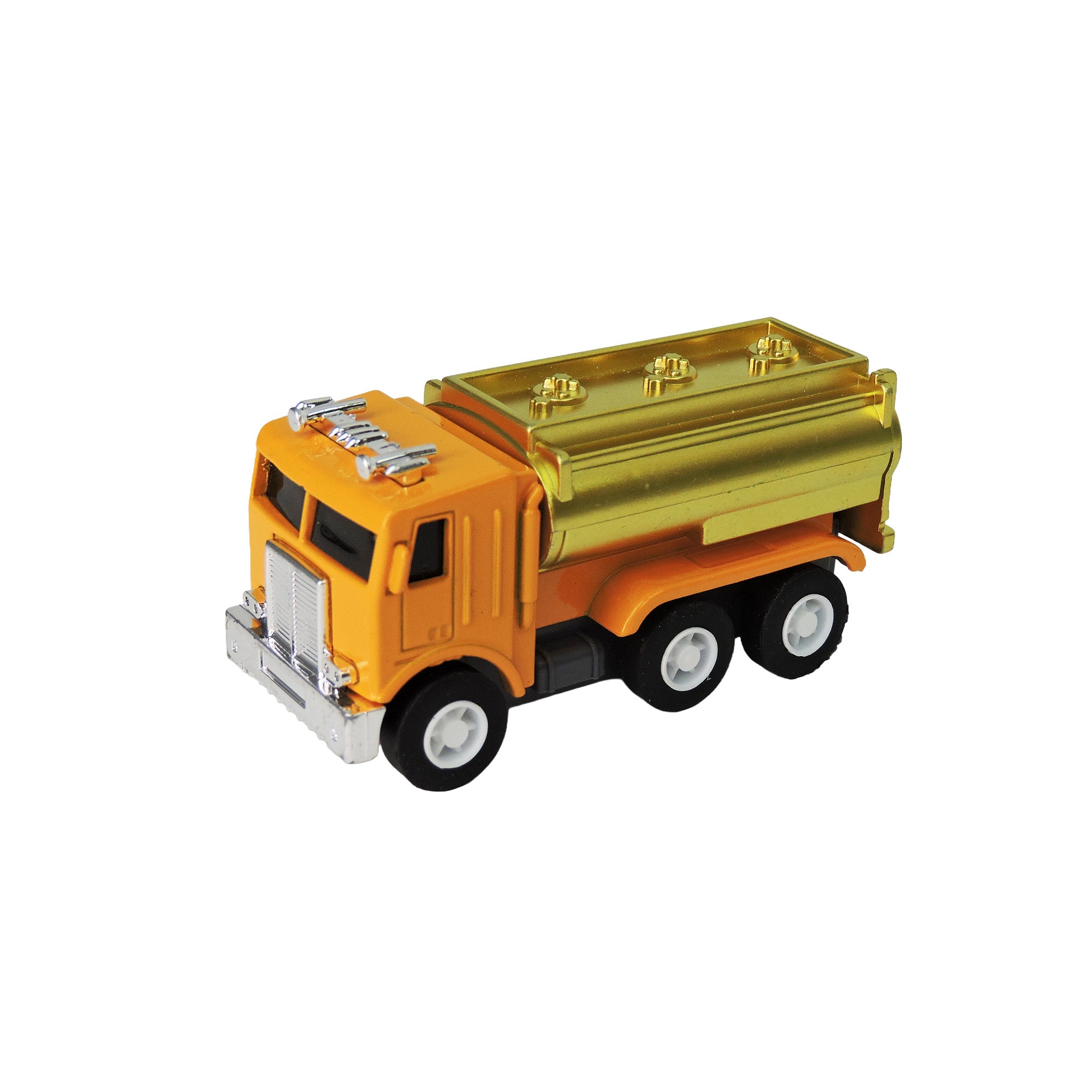The Alloy Alley Large Die Cast P/B Metallic Truck by Alloy Alley features a pull-back design, orange cab, gold tank, six black wheels, and silver details. It’s photographed isolated on a white background.