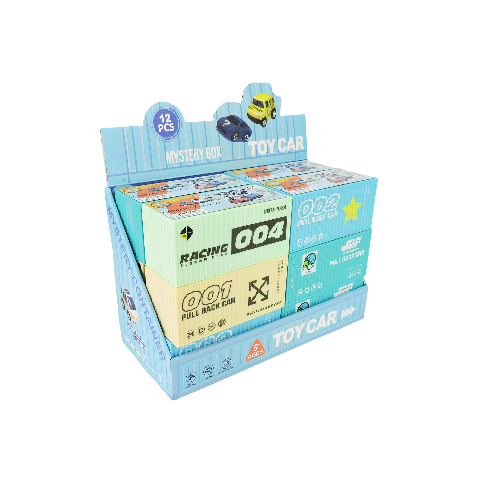 The Alloy Alley Med. Vehicle in Blind Container Box Asst by Alloy Alley includes 12 pull-back cars in a blue and yellow box with playful designs, racing numbers, and images of racing vehicles.