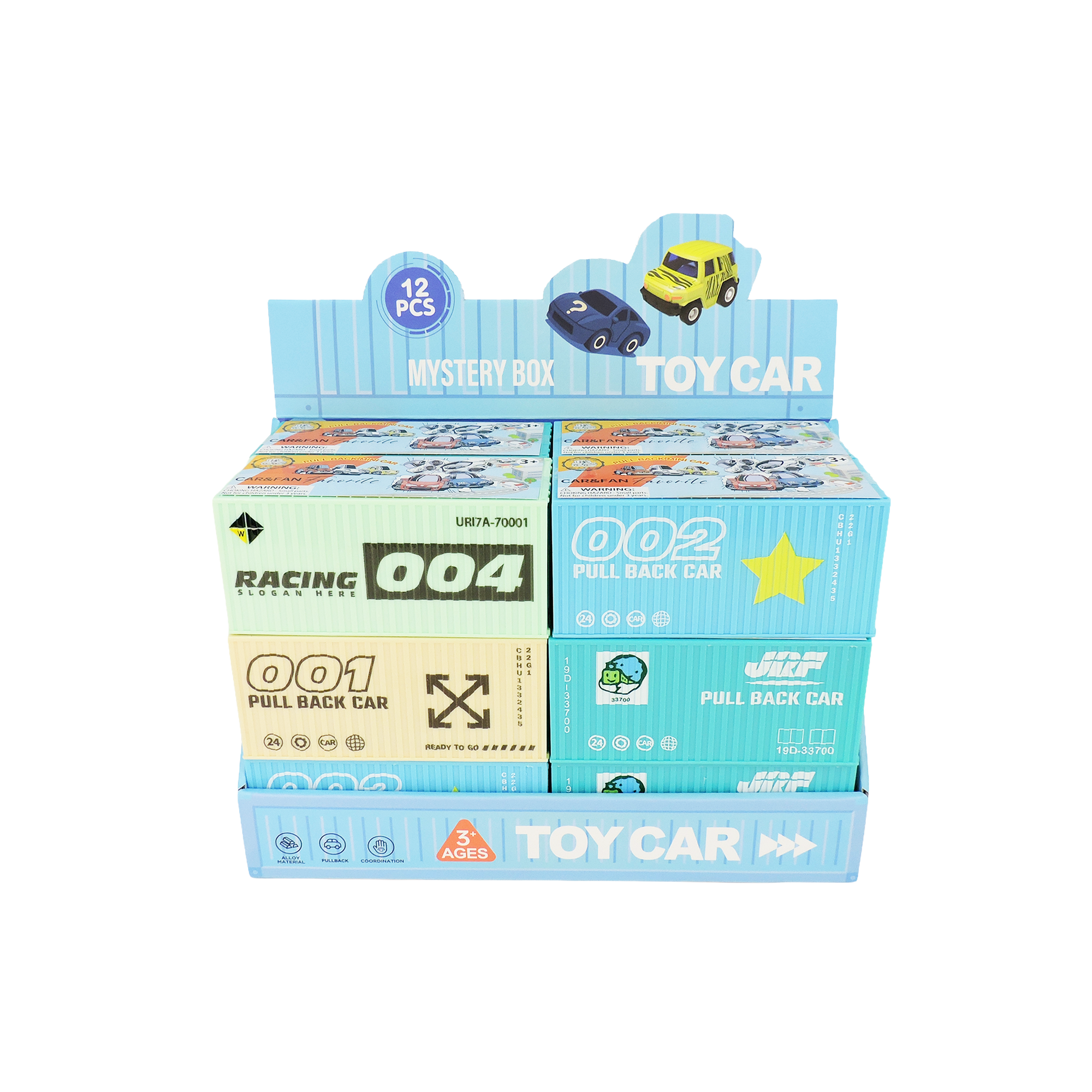 A display box labeled Alloy Alley and featuring Alloy Alley Med. Vehicle in Blind Container Box Asst holds 12 pull-back racing toys in blue and beige packaging, suitable for ages 3+, with each toy in its own illustrated mystery box.