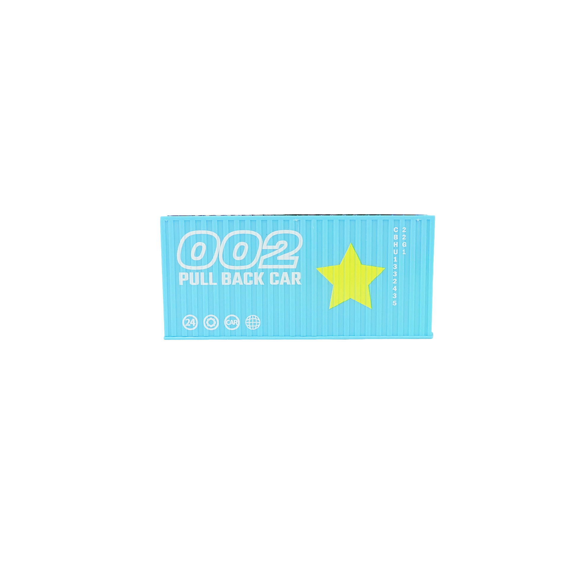 A blue rectangular Alloy Alley box labeled "002 PULL BACK CAR" in white, with a yellow star on the right and small icons below. The ridged Blind Container Box features pull-back vehicles—ideal for racing toy fans.