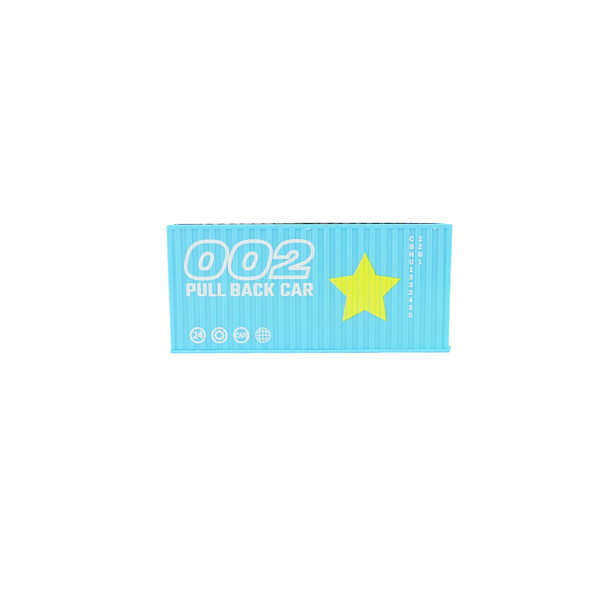 A blue rectangular Alloy Alley box labeled "002 PULL BACK CAR" in white, with a yellow star on the right and small icons below. The ridged Blind Container Box features pull-back vehicles—ideal for racing toy fans.