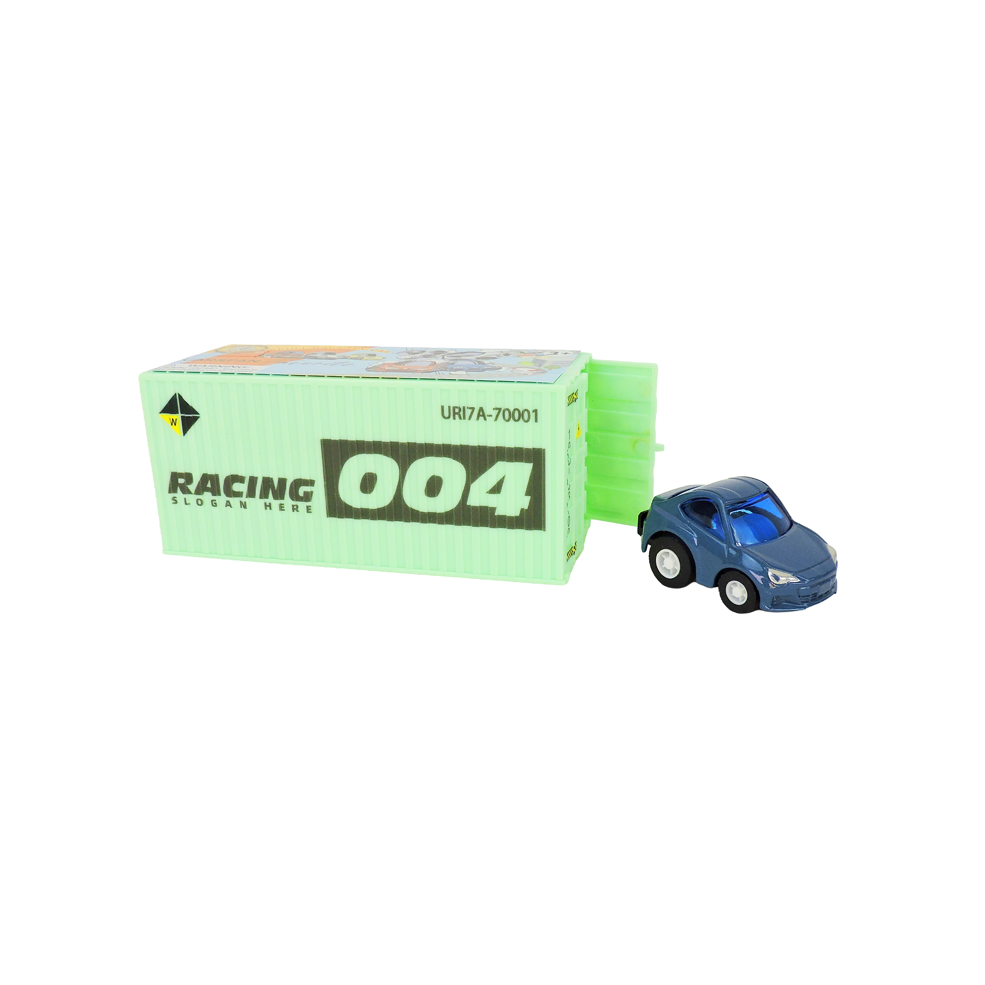 An Alloy Alley Med. Vehicle in blue is parked beside a light green Blind Container Box labeled RACING 004, set against a white background.