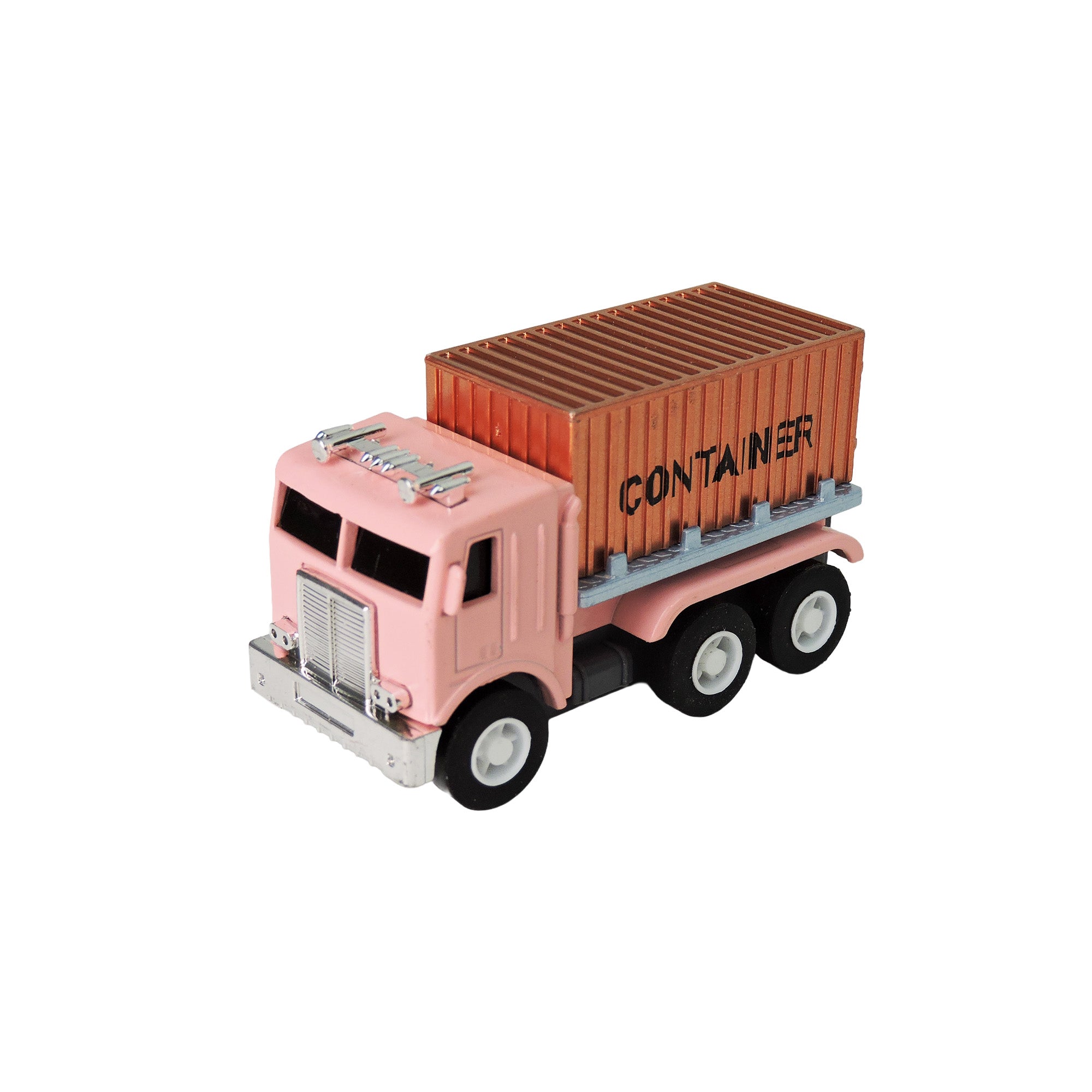 The Alloy Alley Rollin' Medium Die Cast P/B Vehicle in Building-Block Box features a pink toy truck with a brown shipping container labeled "CONTAINER" on its trailer, perfect for collectible toy car enthusiasts.