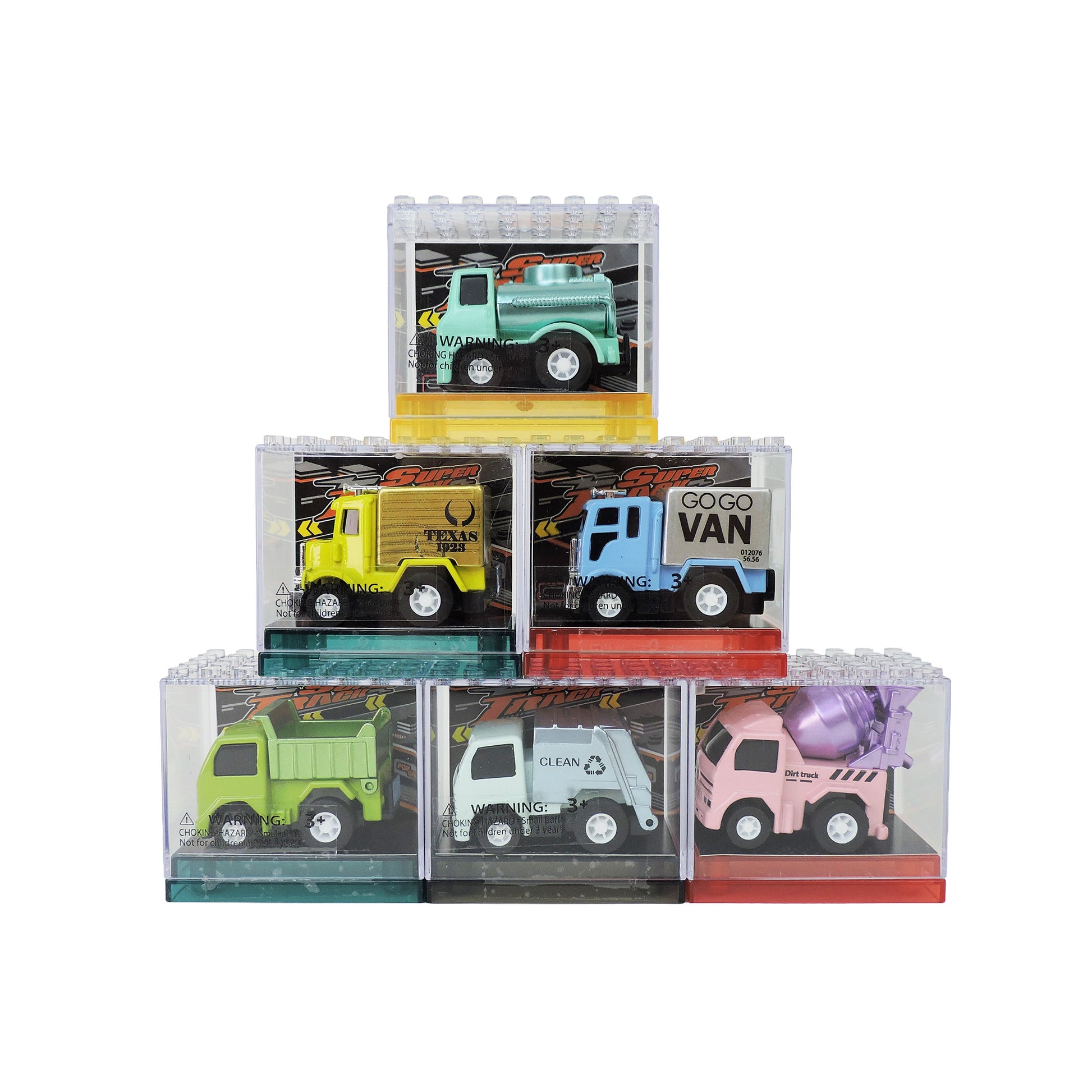 Alloy Alley Medium Die Cast P/B Vehicles come in building-block boxes with colored bases, stacked in a pyramid. Each collectible features different designs like cement mixer and delivery van. Brand: Alloy Alley.