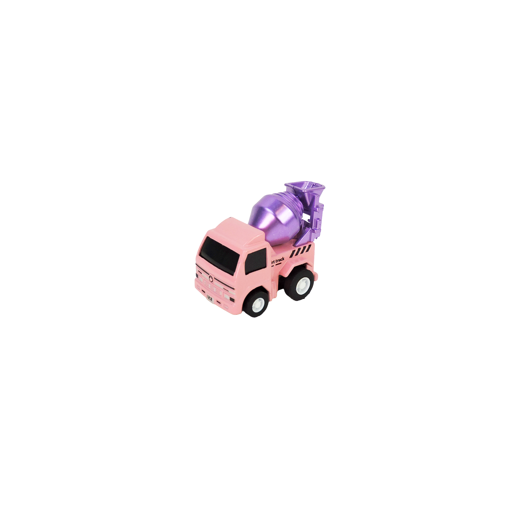 The Alloy Alley Rollin' Medium Die Cast P/B Vehicle in Building-Block Box features a collectible cement mixer truck with a pink cab and shiny purple drum—ideal for die cast vehicle fans.