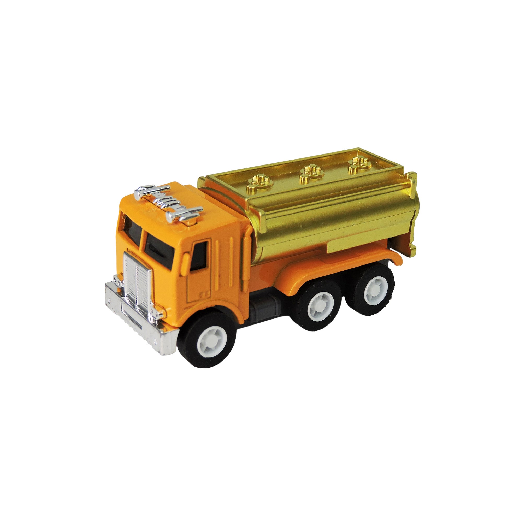 The Alloy Alley Medium Die Cast P/B Vehicle in Building-Block Box is a tanker truck toy with an orange cab, six black wheels, and a gold tank, displayed on a white background.