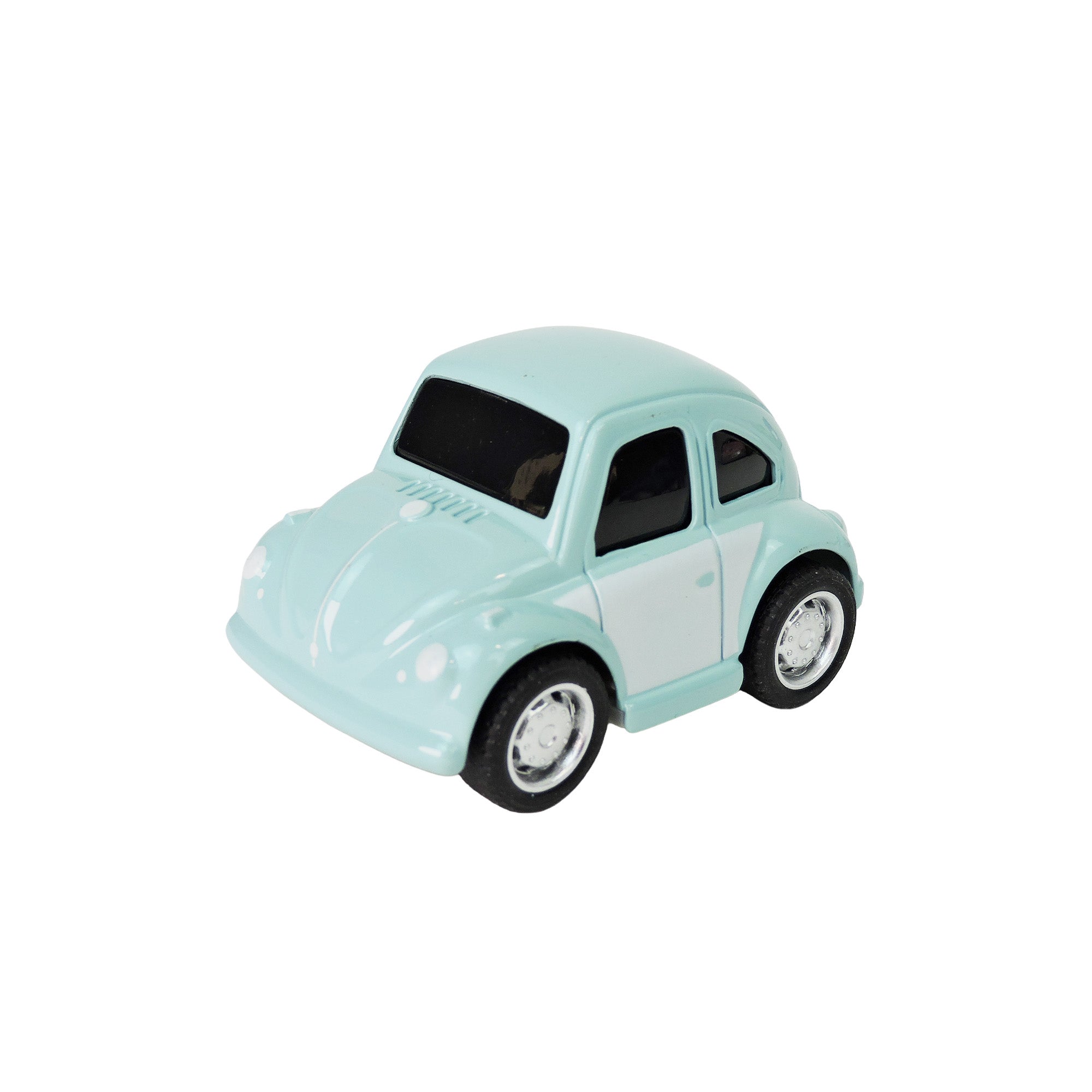 The Alloy Alley Large Die Cast P/B Car in Building Block Box by Alloy Alley is a small, light blue, pull-back toy car with a rounded shape and black-tinted windows, resembling a classic Volkswagen Beetle, shown on a white background.