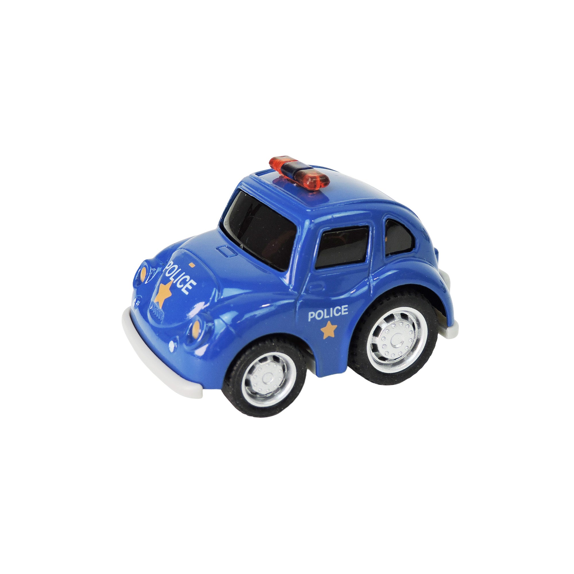 The Alloy Alley Large Die Cast P/B Car, a blue collectible toy police car with white wheels, red siren, and POLICE with yellow stars on the sides and front, is shown angled on a white background in its building block box.