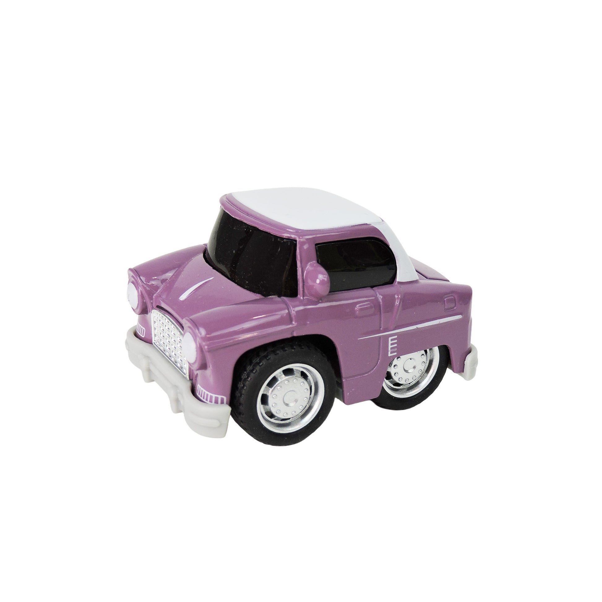 The Alloy Alley Large Die Cast P/B Car, a small purple toy with a white roof, black-tinted windows, and silver accents by Alloy Alley, is shown on a white background in its unique building block box.