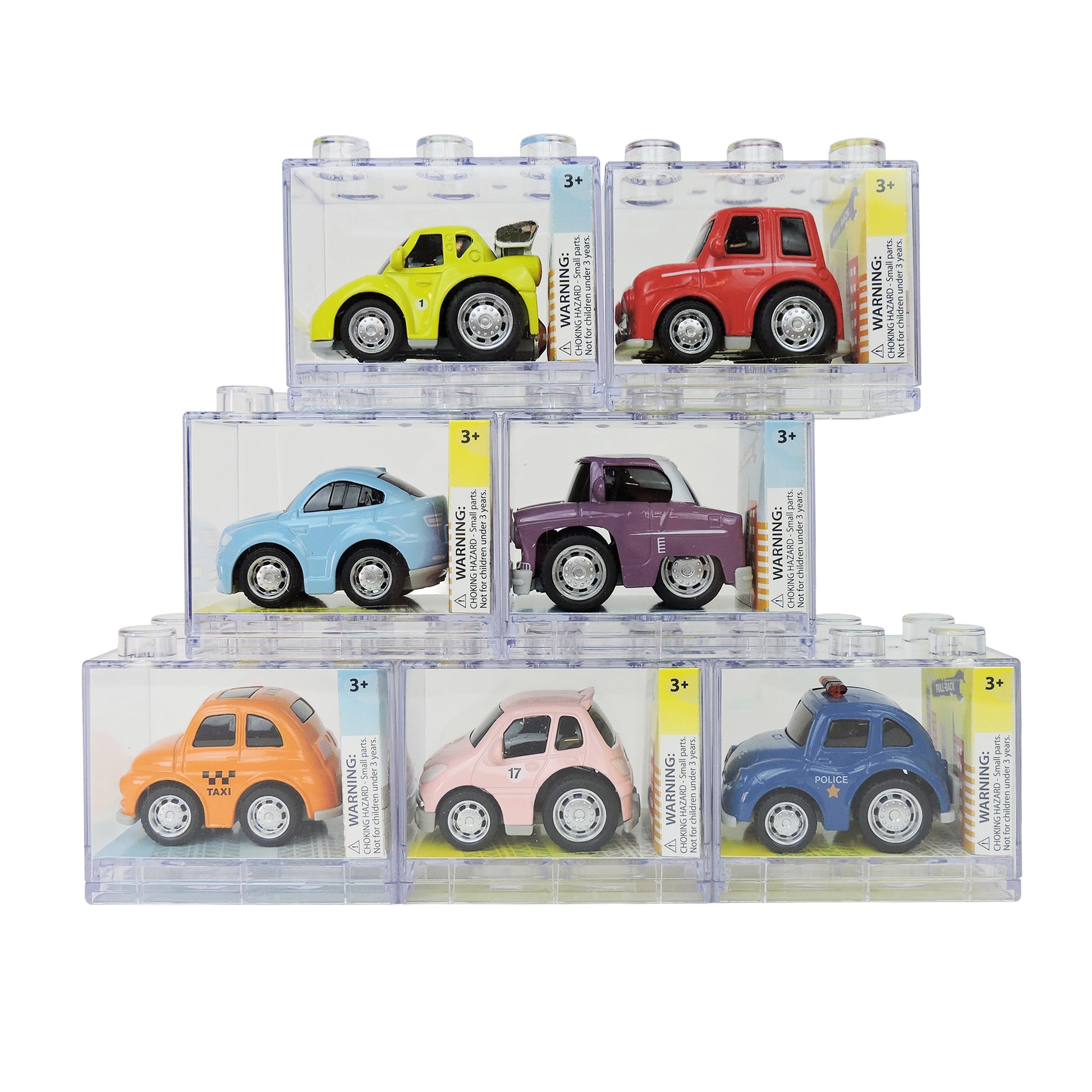 Eight Alloy Alley Large Die Cast cars in building block boxes, by Alloy Alley, are arranged in a pyramid. The cars come in red, yellow, blue, pink, purple, orange, and light blue with age warnings on each box.
