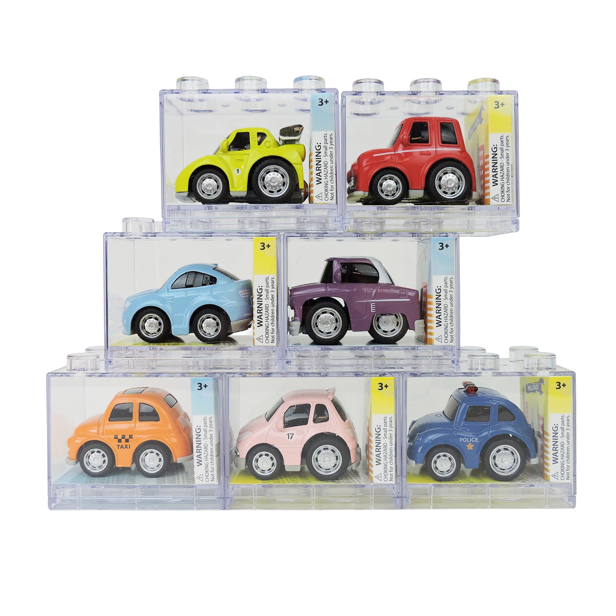 Eight Alloy Alley Large Die Cast cars in building block boxes, by Alloy Alley, are arranged in a pyramid. The cars come in red, yellow, blue, pink, purple, orange, and light blue with age warnings on each box.