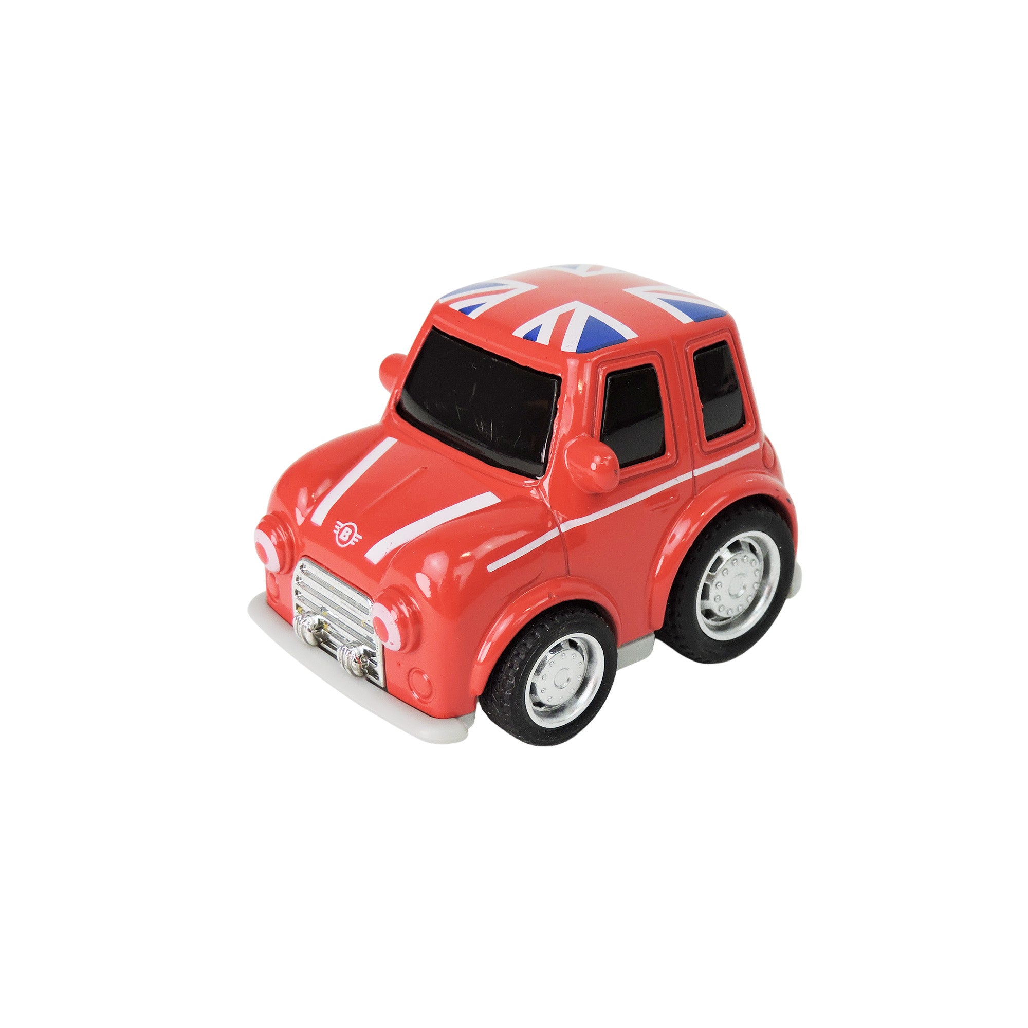 The Alloy Alley Large Die Cast P/B Car by Alloy Alley features a red finish, Union Jack roof, white racing stripes on the hood, and silver bumper detail. Displayed on a plain white background in a building block box.