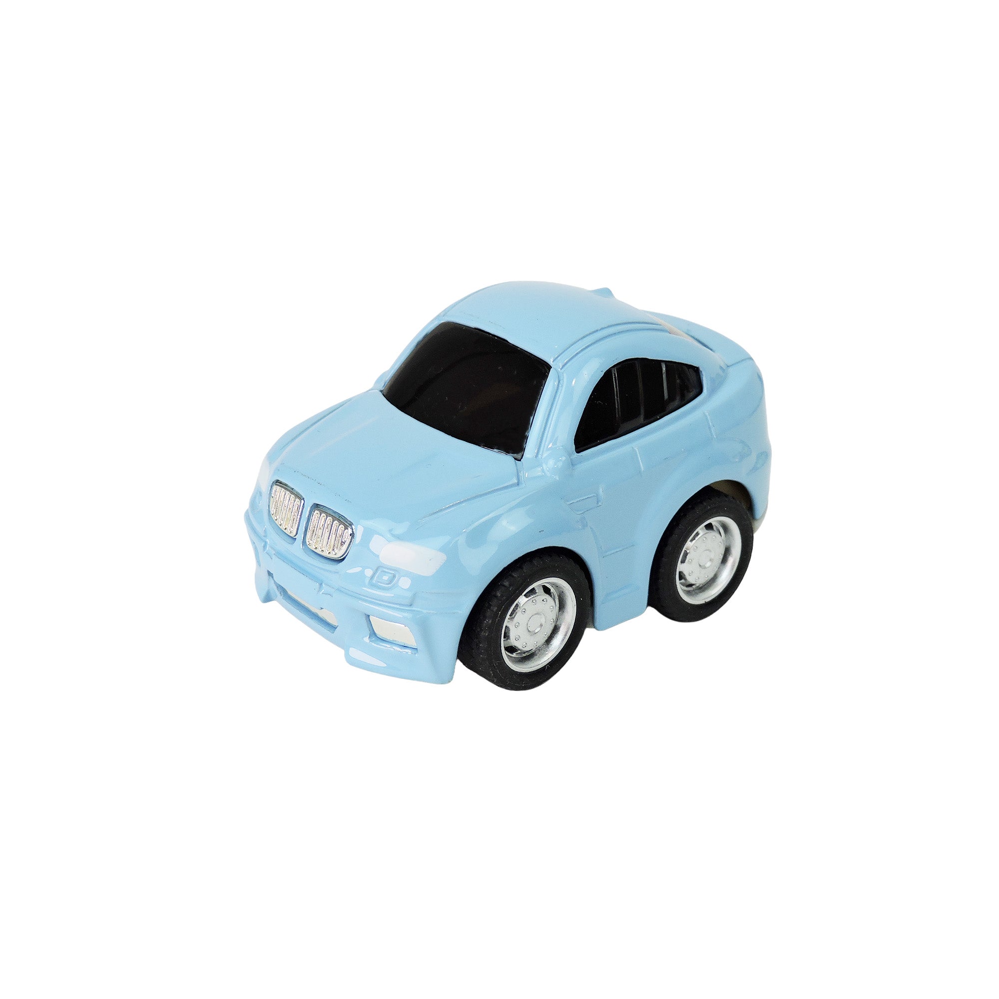 The Alloy Alley Large Die Cast P/B Car in Building Block Box by Alloy Alley is a small, light blue collectible car with black windows and shiny silver wheels, shown on a white background—ideal for toy car collectors.