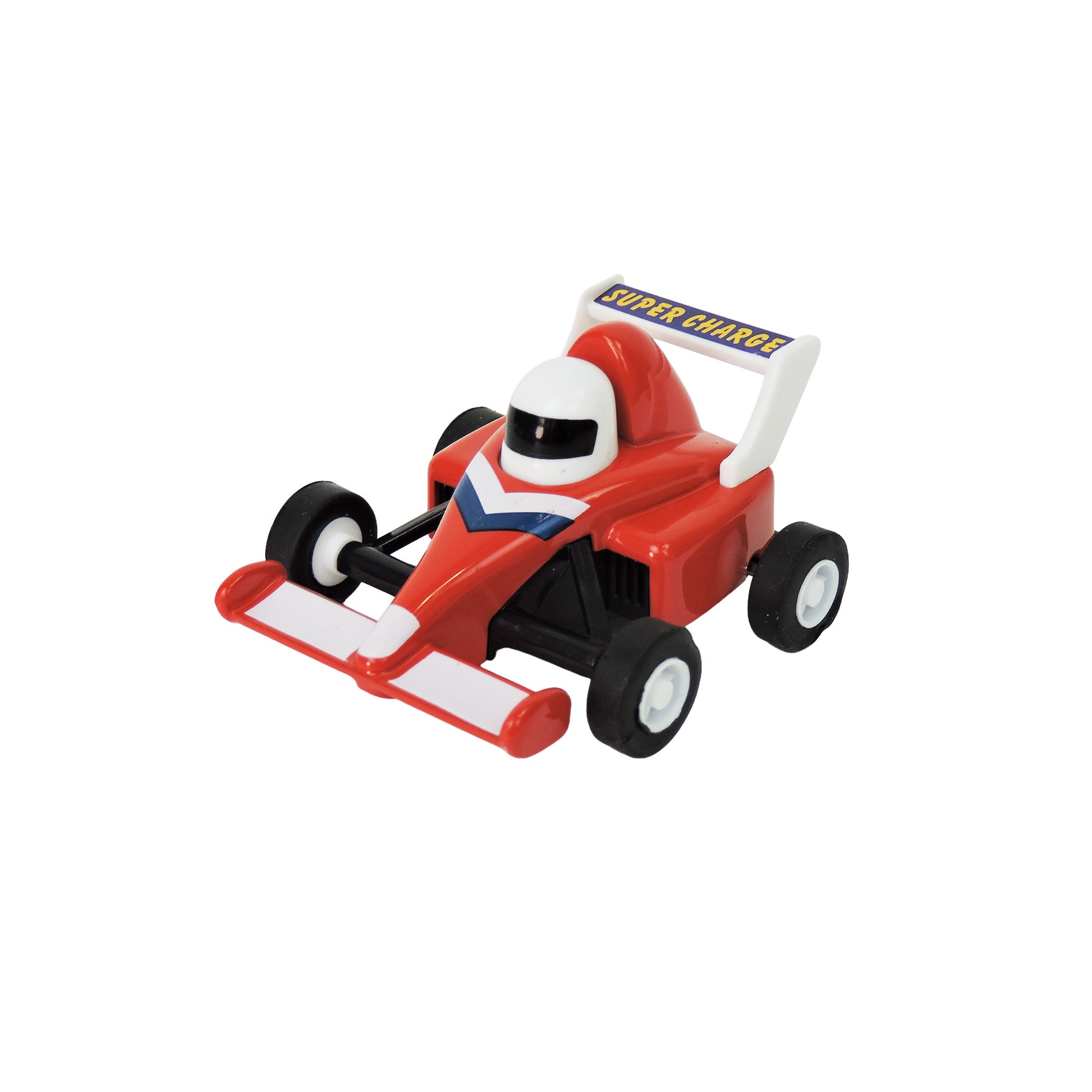 The Alloy Alley Die Cast P/B Race Car by Alloy Alley is a small red collectible with black wheels, a white "Super Charge" spoiler, and a white-helmeted driver. It features a pull-back motor and is shown on a plain white background.