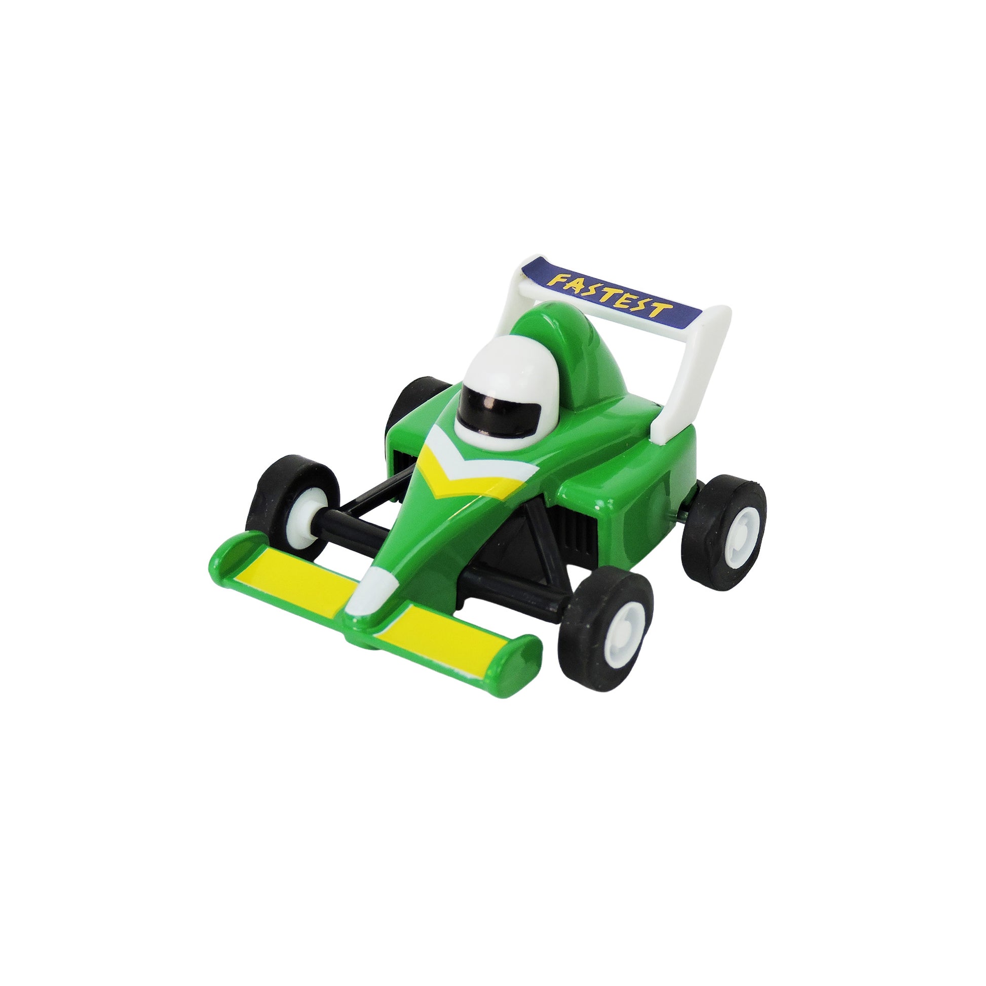 The Alloy Alley Die Cast P/B Race Car is a small green toy with black wheels, yellow accents, a white-helmeted driver, and a blue-and-yellow FASTEST spoiler—ideal for die cast racing fans.