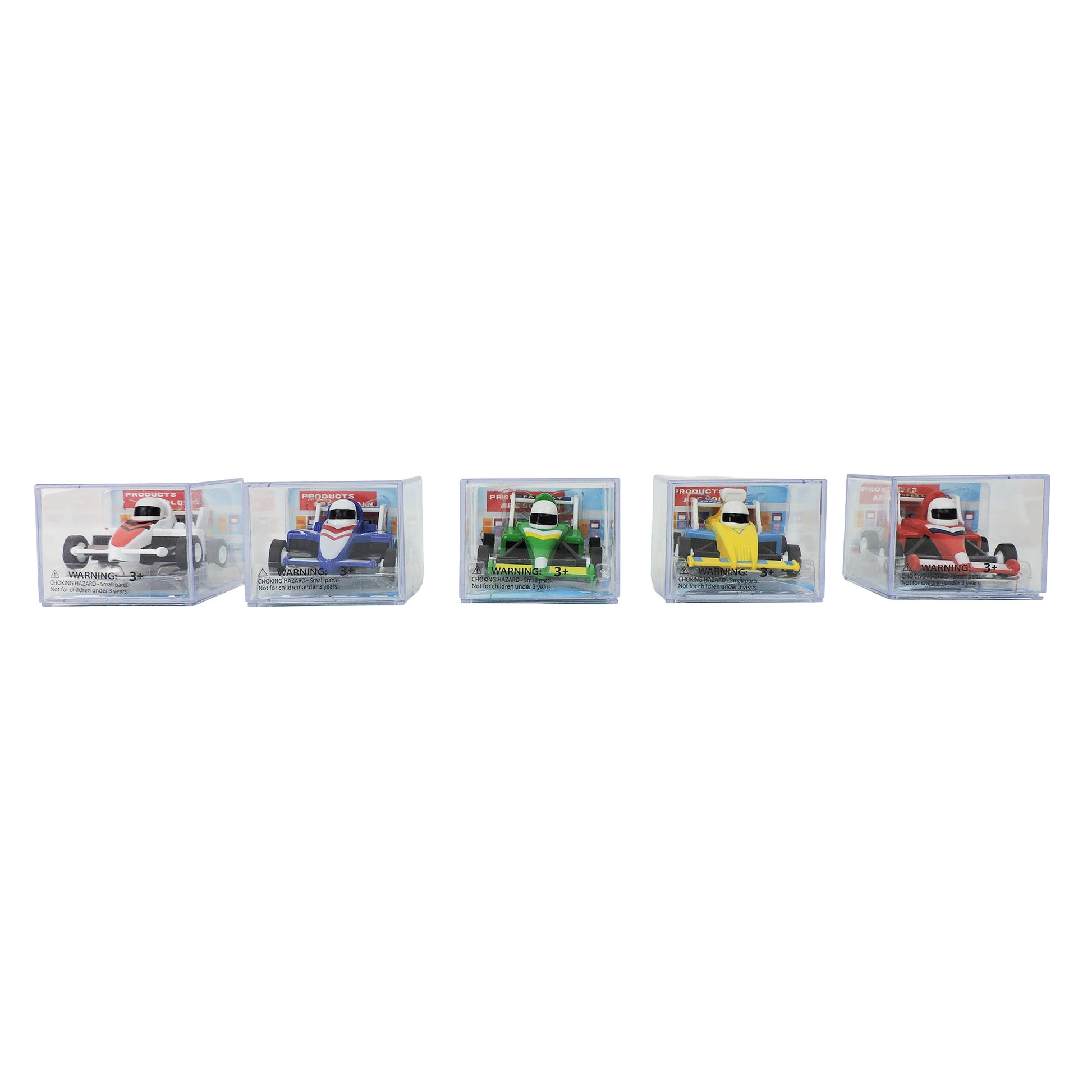 Five Alloy Alley Die Cast P/B Race Cars by Alloy Alley in red, blue, green, yellow, and orange are lined up in a clear plastic case against a white background. Each features a pull-back motor for racing fun.