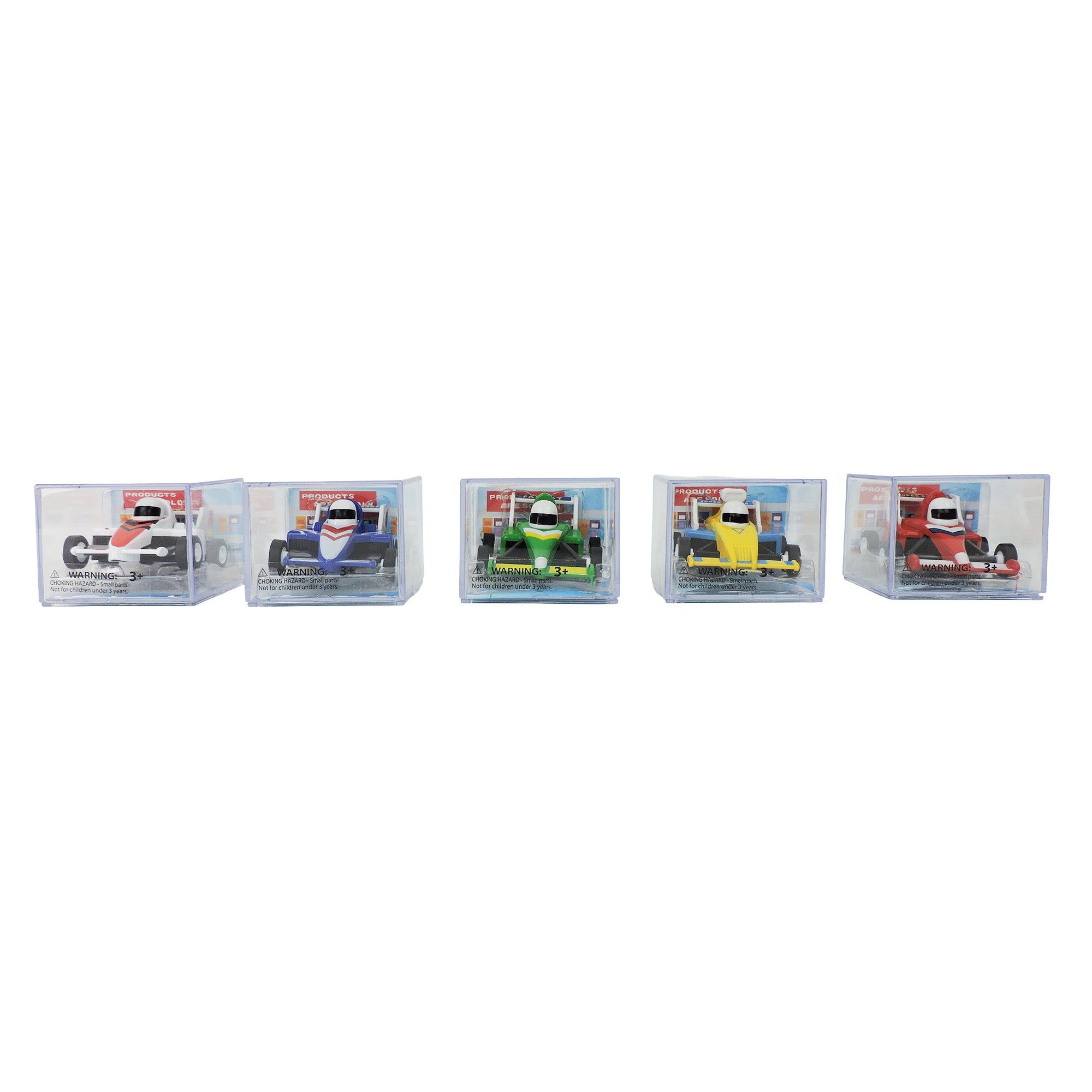 Five Alloy Alley Die Cast P/B Race Cars by Alloy Alley in red, blue, green, yellow, and orange are lined up in a clear plastic case against a white background. Each features a pull-back motor for racing fun.