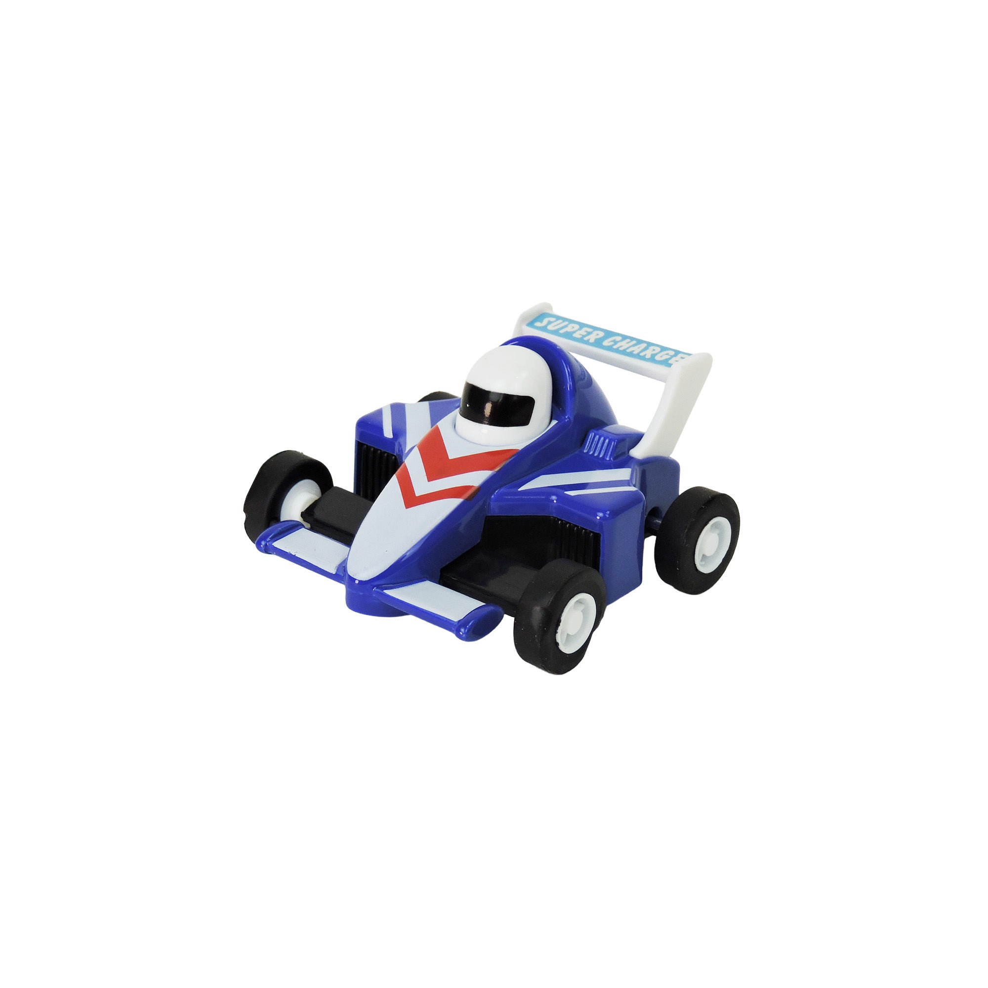 The Alloy Alley Die Cast P/B Race Car features a blue and white body, black wheels, a red chevron front, pull-back motor, rear “Super Charge” spoiler, and a driver with a white helmet.