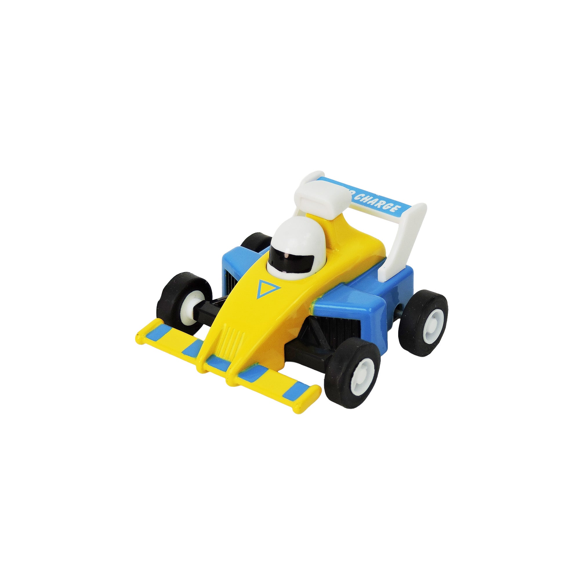 The Alloy Alley Die Cast P/B Race Car by Alloy Alley features yellow, blue, and white colors with a helmeted driver and "CHARGE" on the rear wing—a perfect collectible for racing car enthusiasts. Photographed on a white background.