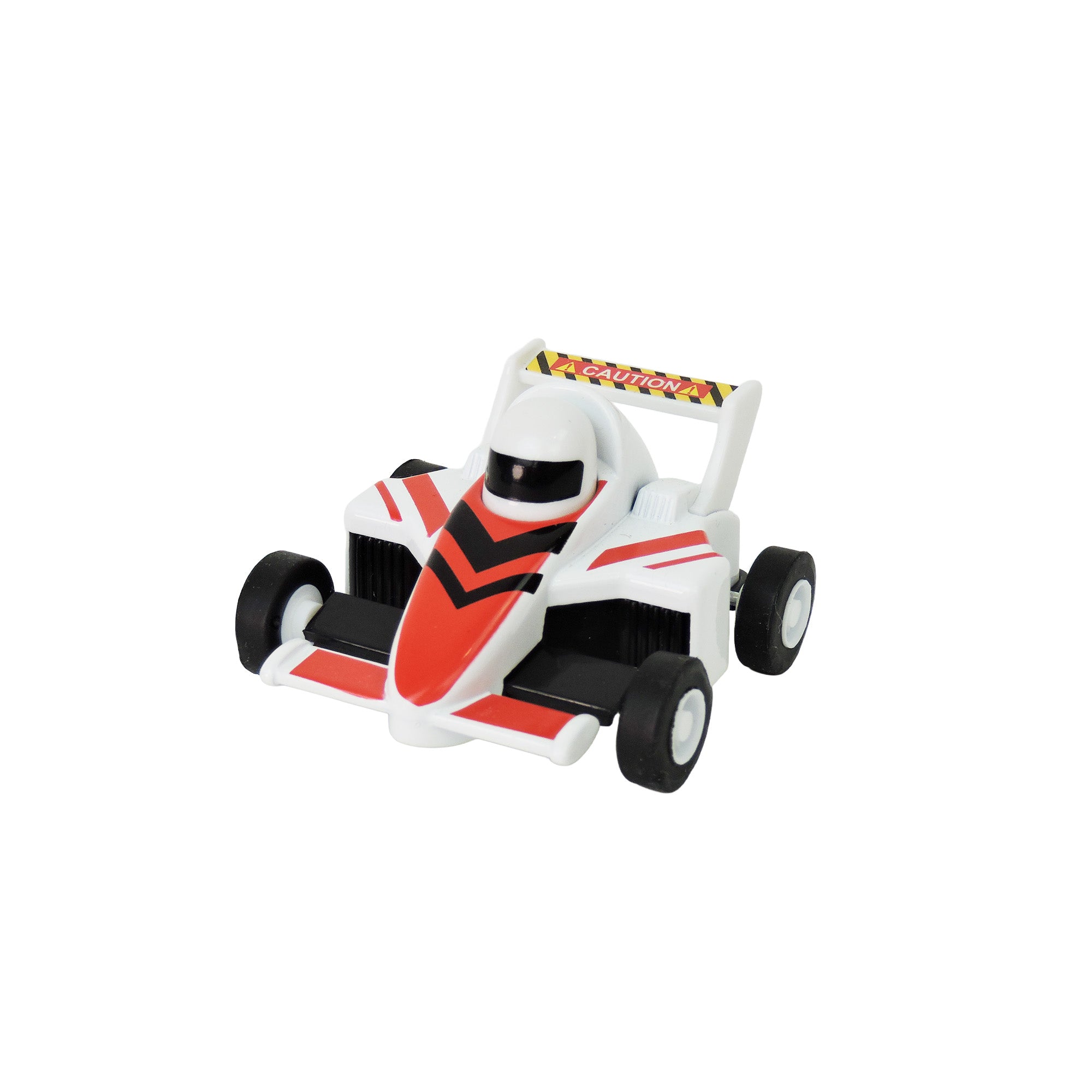 The Alloy Alley Die Cast P/B Race Car is a small white and red toy with black wheels, a cockpit with a black visor, and a "caution" checkered rear spoiler—perfect for Alloy Alley collectible die cast racing car fans.