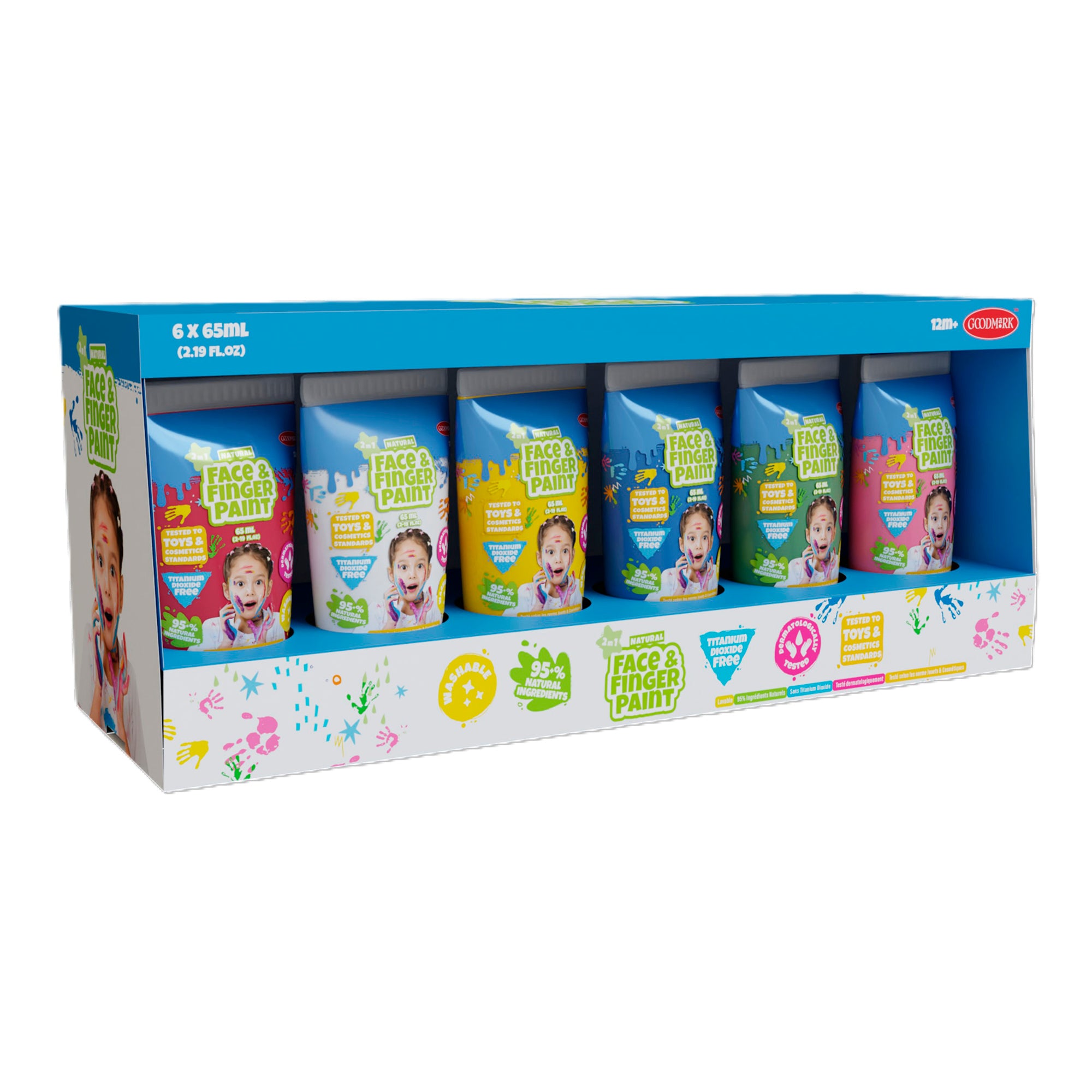 A boxed 6-piece set of Boti 2.3oz Natural Face and Finger Paints, each bottle with a child’s face and colorful designs, showcased in blue packaging with playful graphics and paint splatters.