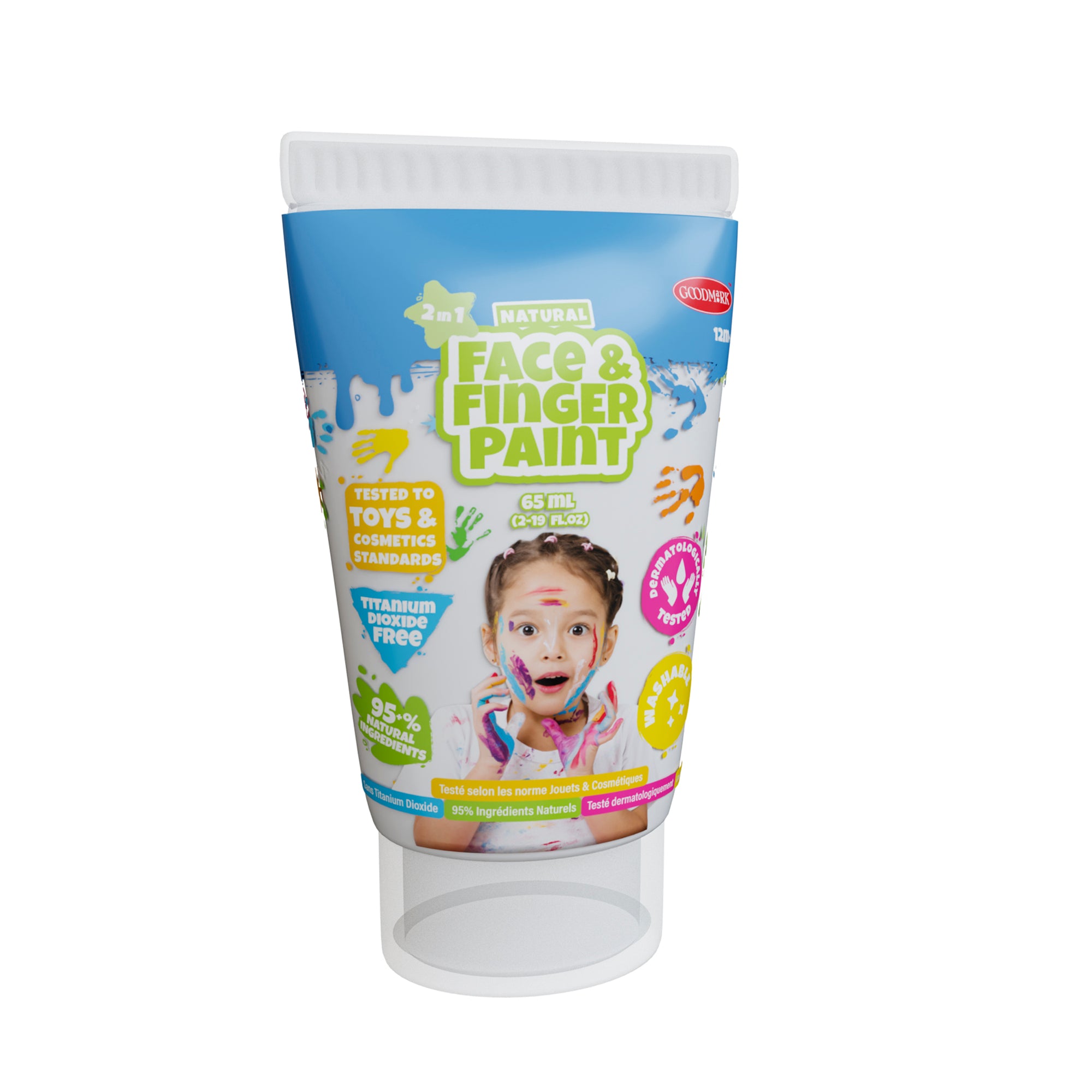 Boti 2.3oz Natural Face and Finger Paints - 6pcs are child-safe, titanium dioxide free, 99.9% biodegradable, tested to safety standards, and come in packaging featuring a child with painted hands and face.