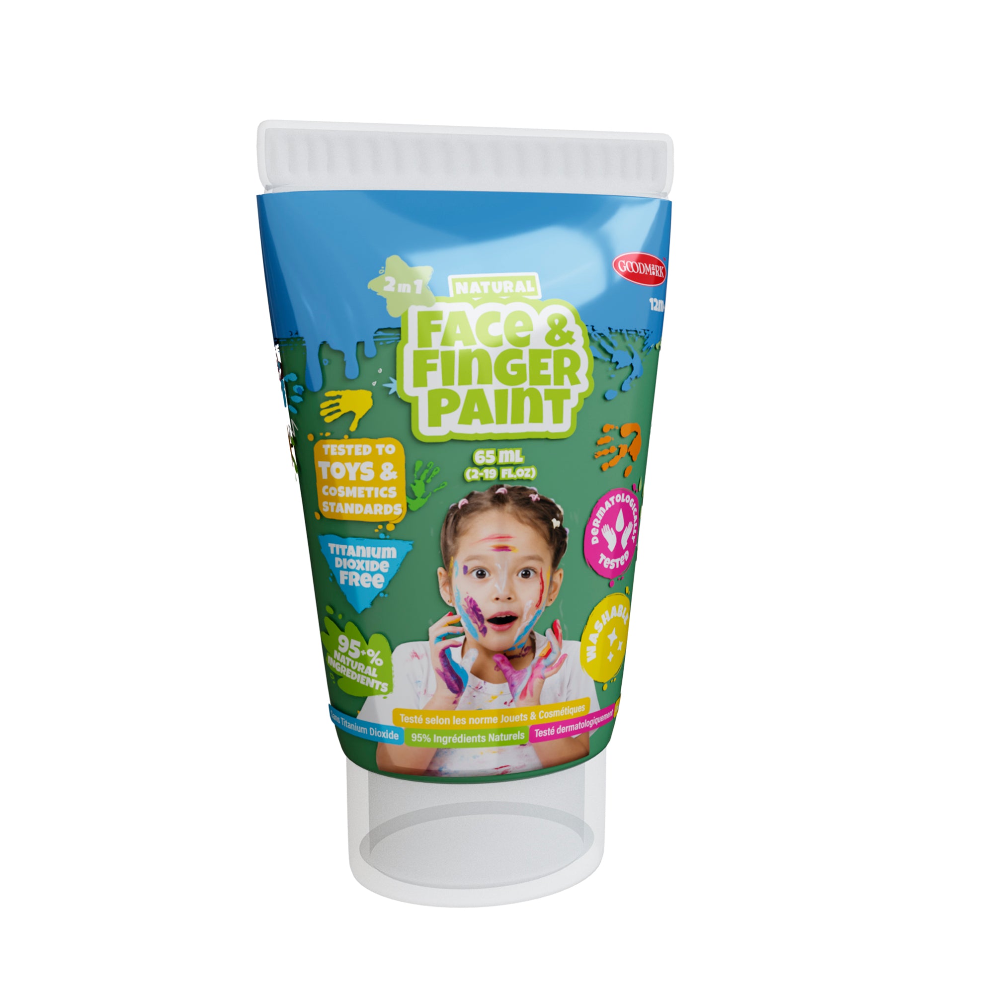 The Boti 2.3oz Natural Face and Finger Paints - 6pcs features safe, non-toxic, toy- and cosmetics-tested paints. The blue-labeled tube shows a painted child and highlights its fun 6-color set.