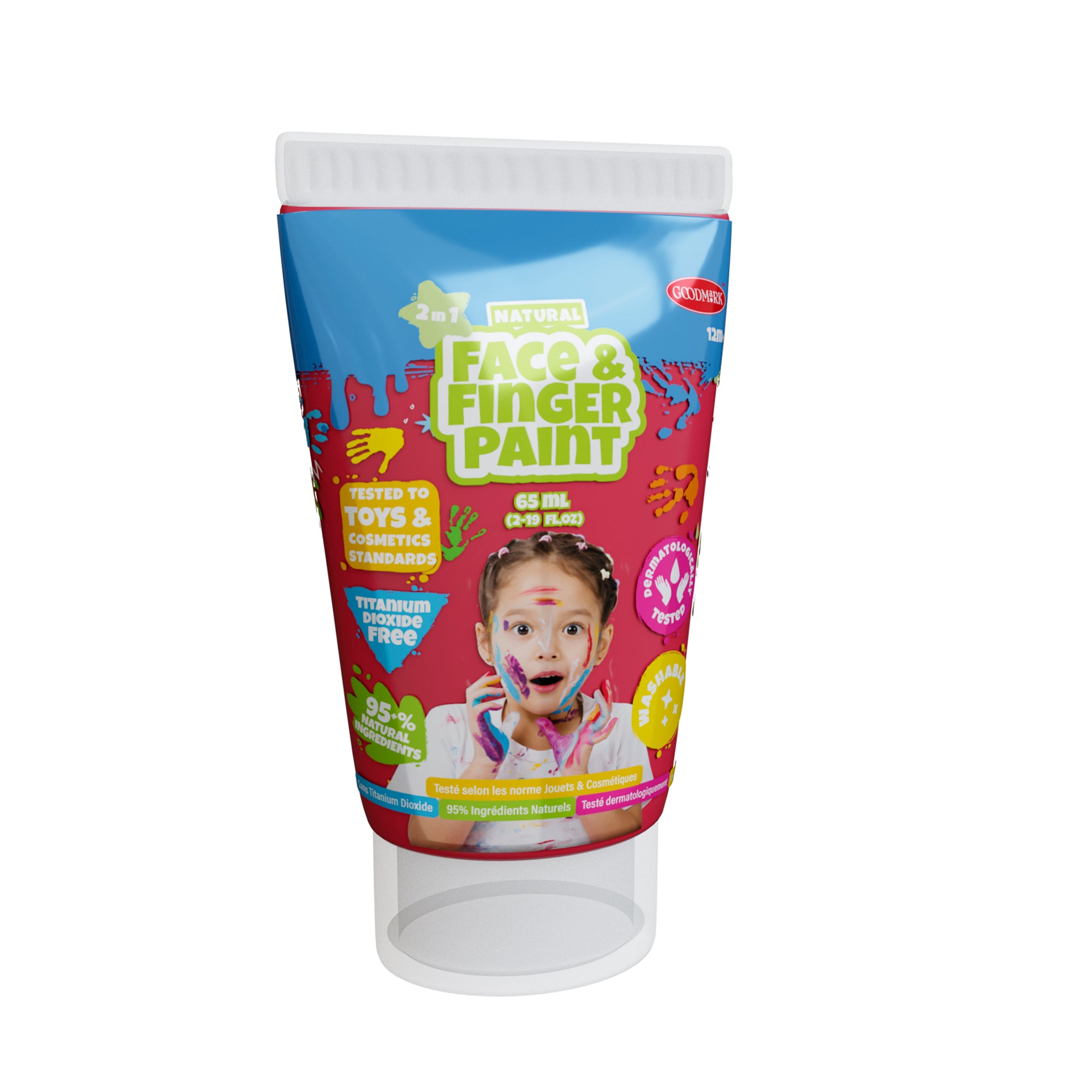 A bright tube of Boti 2.3oz Natural Face and Finger Paints (6pcs) features a playful, surprised child covered in color. The packaging highlights the safe, titanium dioxide-free formula and fun design—perfect for creative fun.